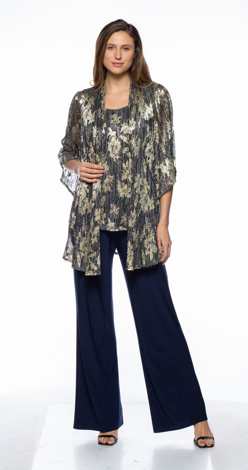 Navy Gold Marina Printed Metallic Jacket Pant 3 Piece Set for $199.99 ...