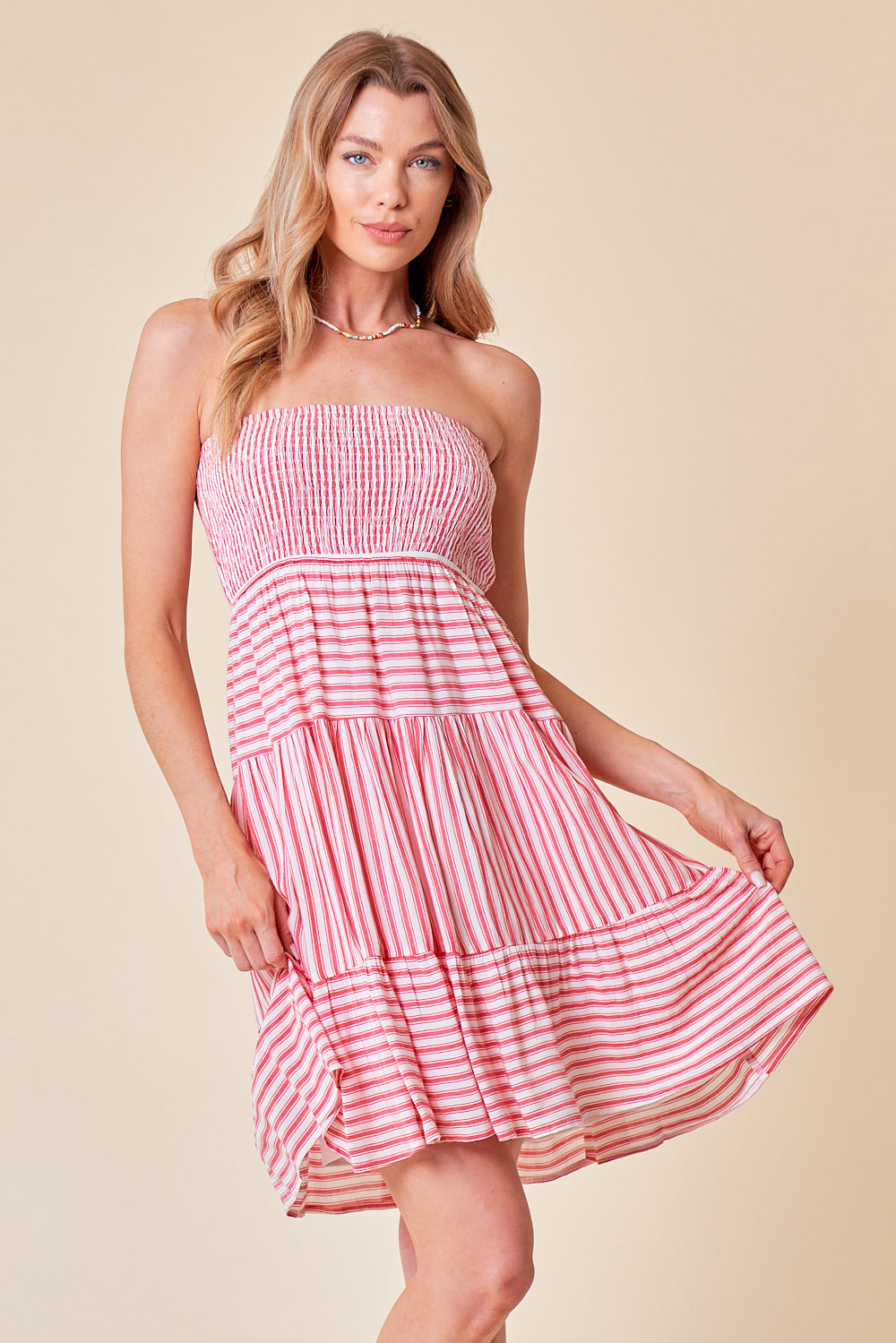Cocktail Dresses Short Strapless Stripe Smocked Dress Red
