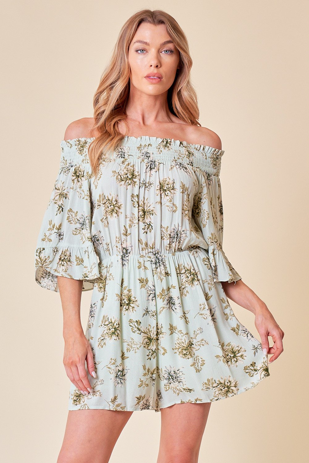 Jumpsuit Short Floral Off Shoulder Romper Mint