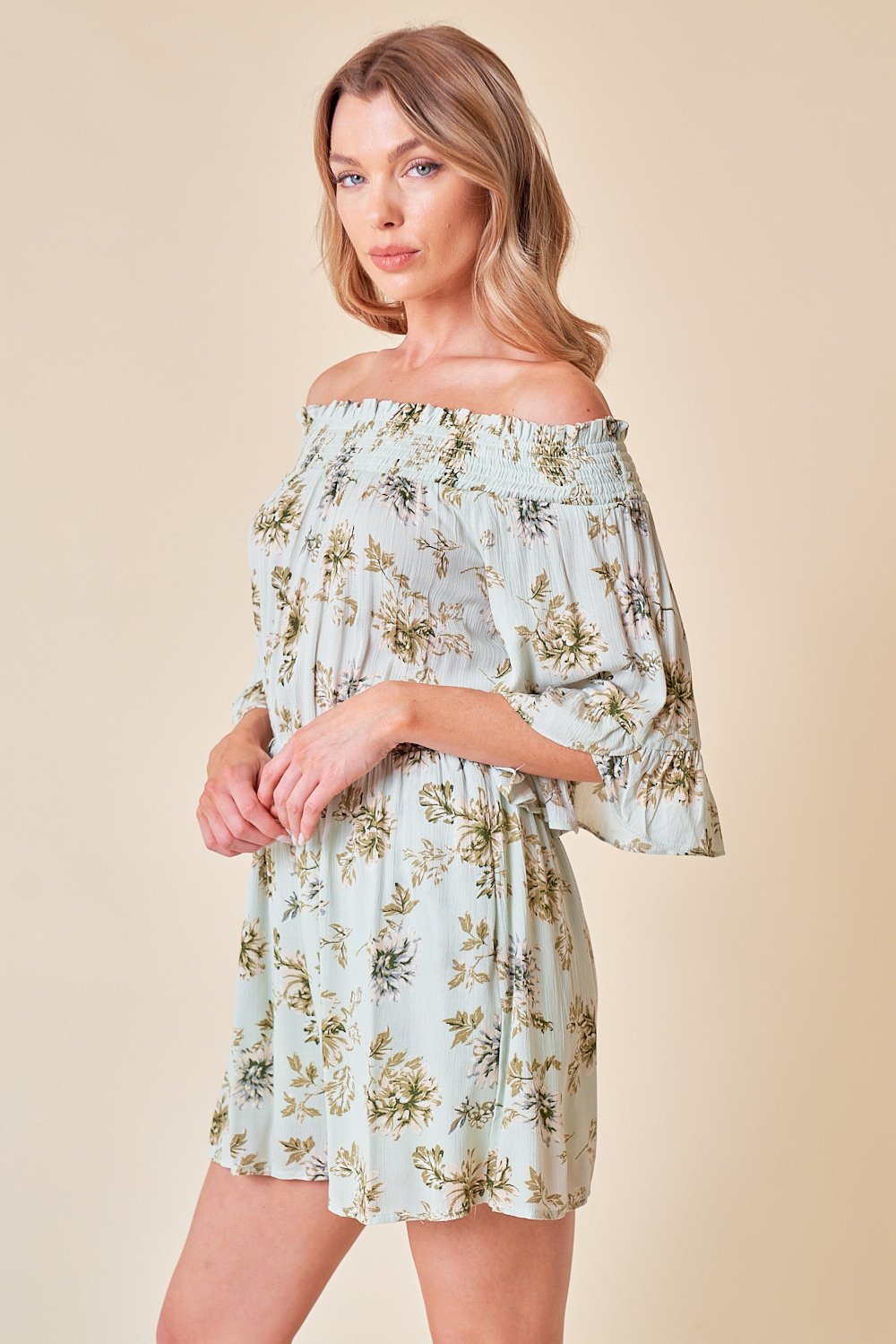 Jumpsuit Short Floral Off Shoulder Romper Mint