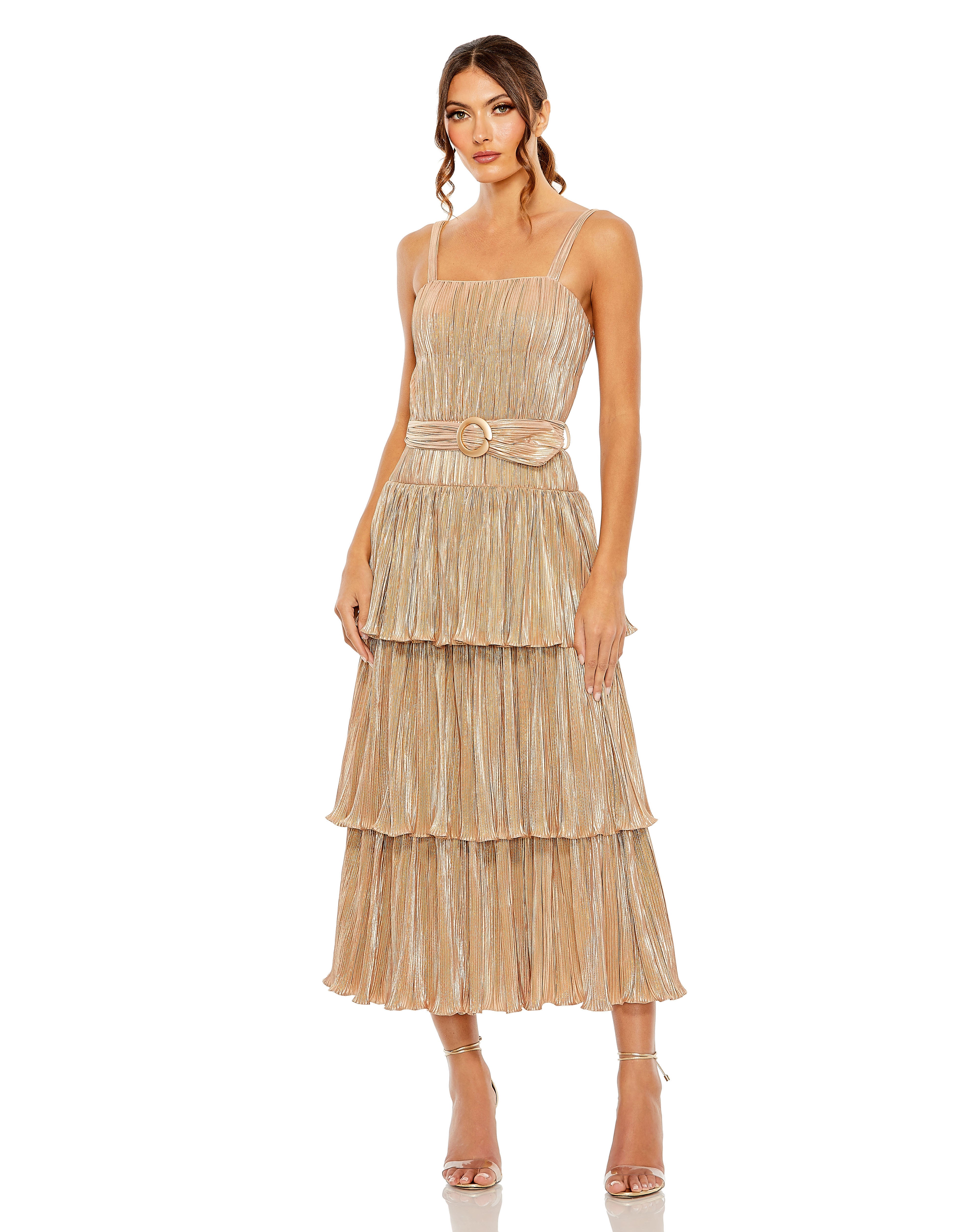 A Line Pleated Metallic Tea Length Cocktail Dress Pleated Metallic Tea Length Mac Duggal 27062