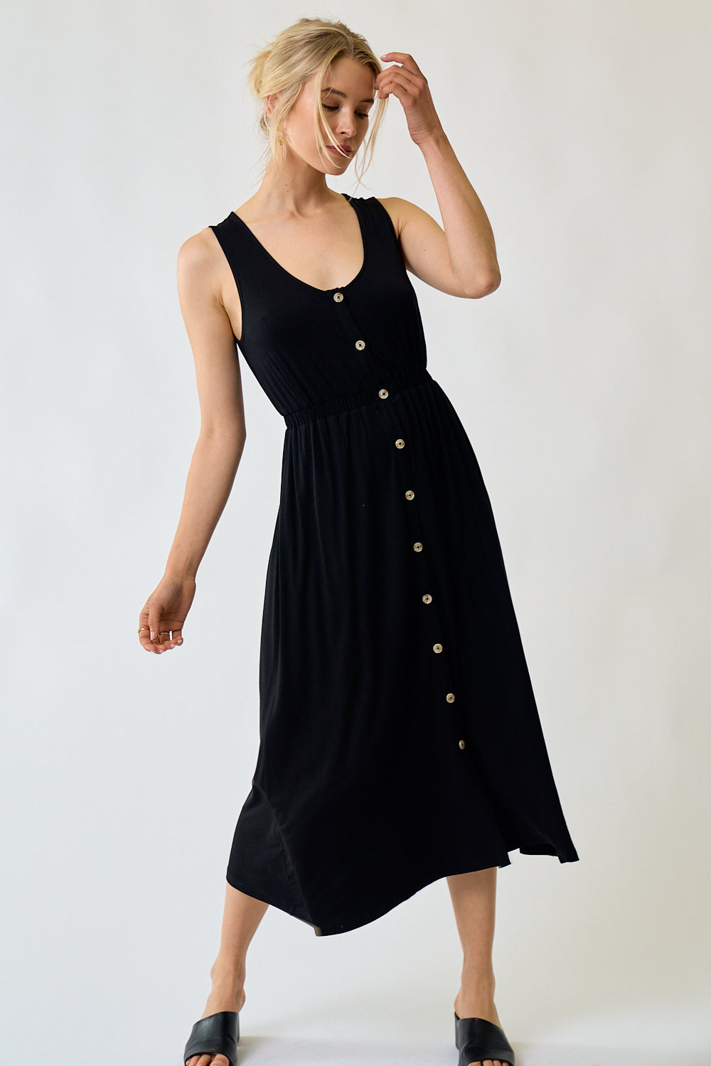 Cocktail Dresses Sleeveless Button Down Midi Length Dress Black