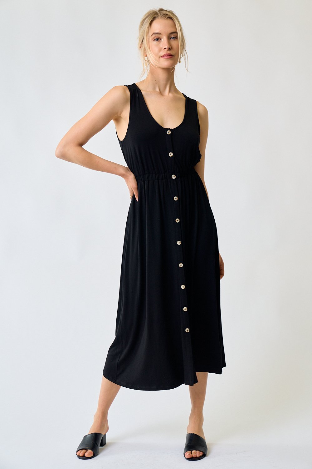 Cocktail Dresses Sleeveless Button Down Midi Length Dress Black