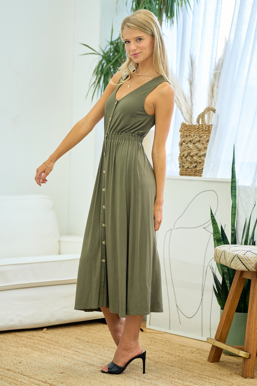 Cocktail Dresses Sleeveless Button Down Midi Length Dress Olive