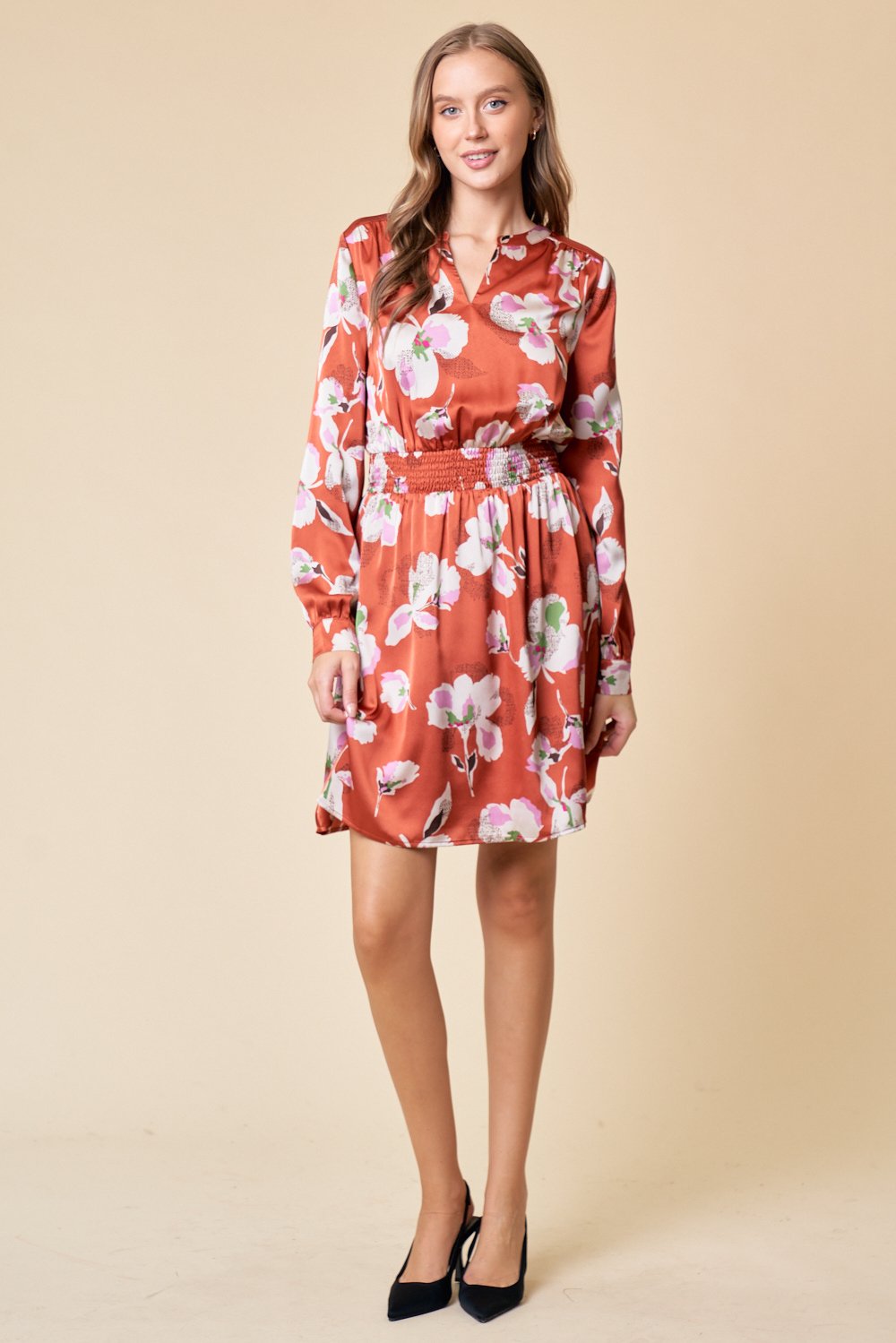 Cocktail Dresses Long Sleeve Floral Smocked Waist Shirred Dress Ginger Spice