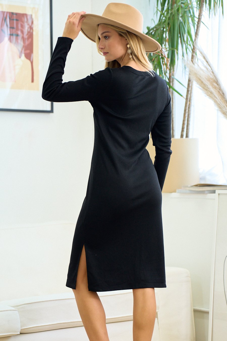 Cocktail Dresses Long Sleeve Fitted Knit Dress Black