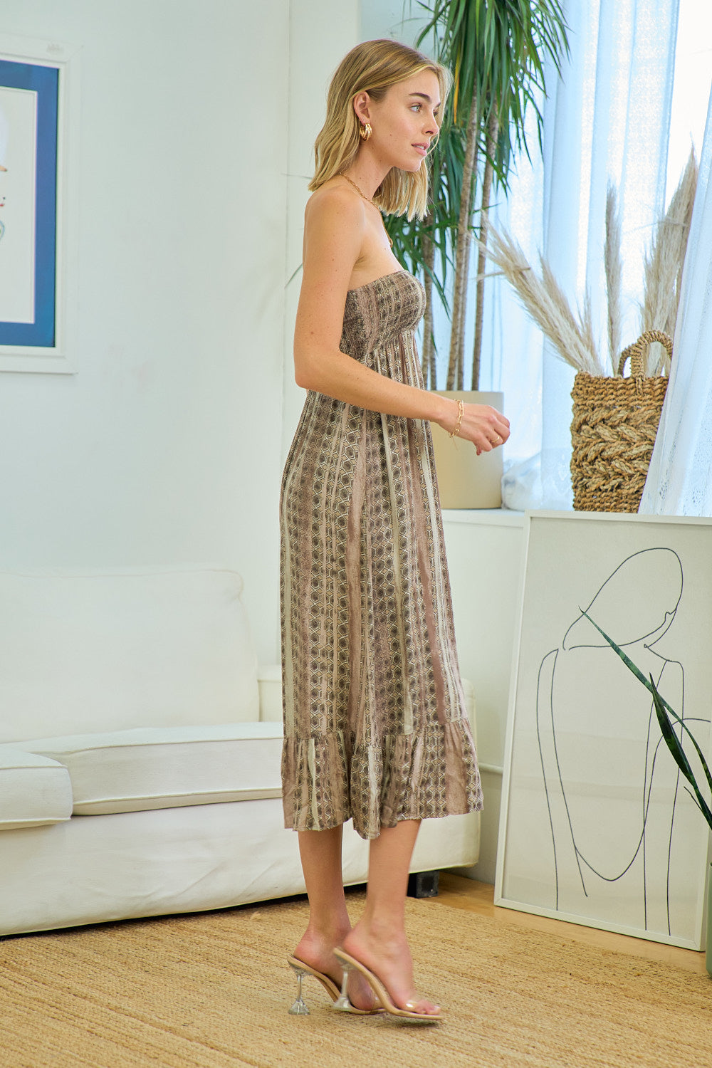 Cocktail Dresses Strapless Printed Midi Length Dress Taupe