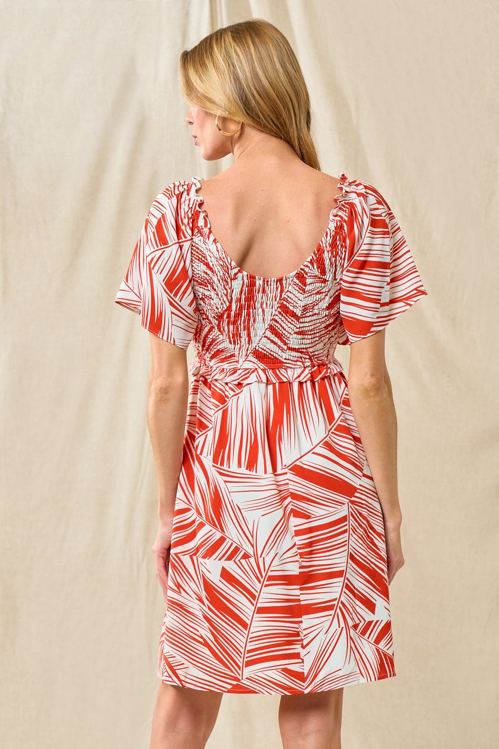 Cocktail Dresses Short Smocked Bodice Floral Dress Tomato