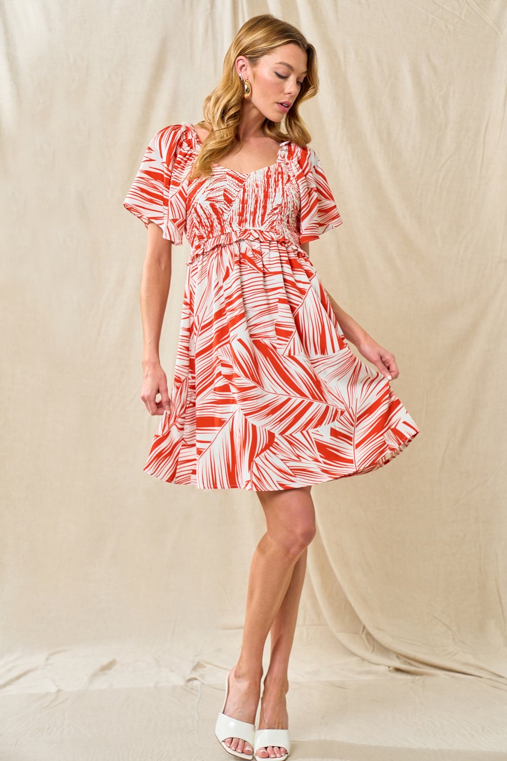 Cocktail Dresses Short Smocked Bodice Floral Dress Tomato