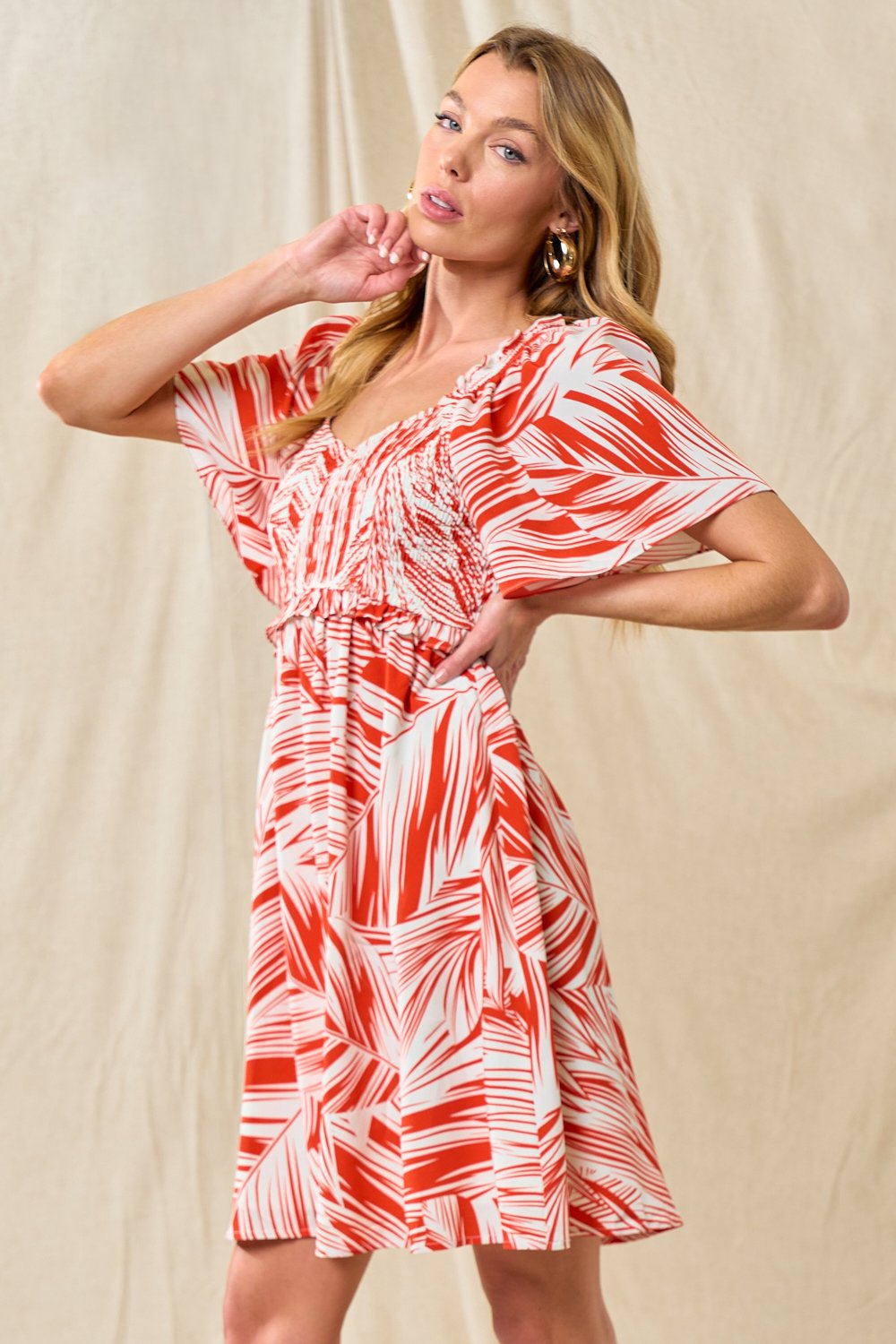 Cocktail Dresses Short Smocked Bodice Floral Dress Tomato