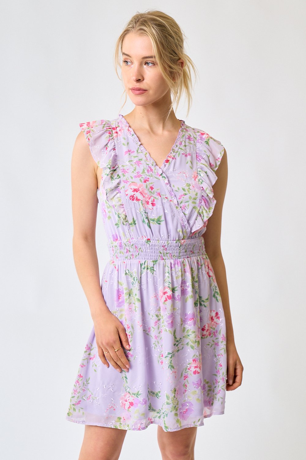 Cocktail Dresses Short Sleeveless Printed Floral Dress Lavender
