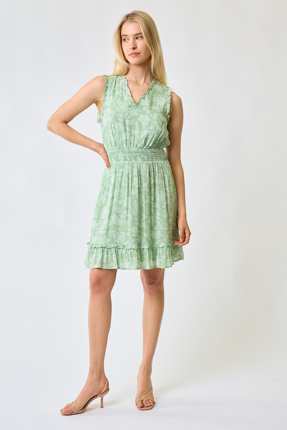 Cocktail Dresses Short Sleeveless V Neck Floral Dress Lt. Green