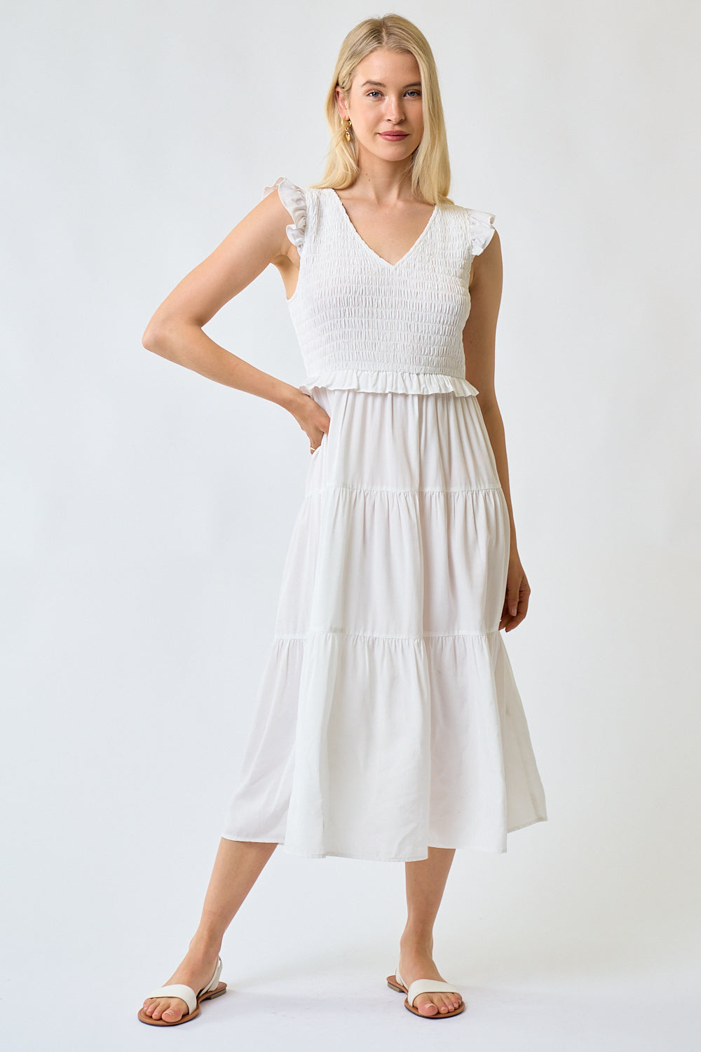 Cocktail Dresses Cap Sleeve Smocked Bodice Midi Length Dress Off White