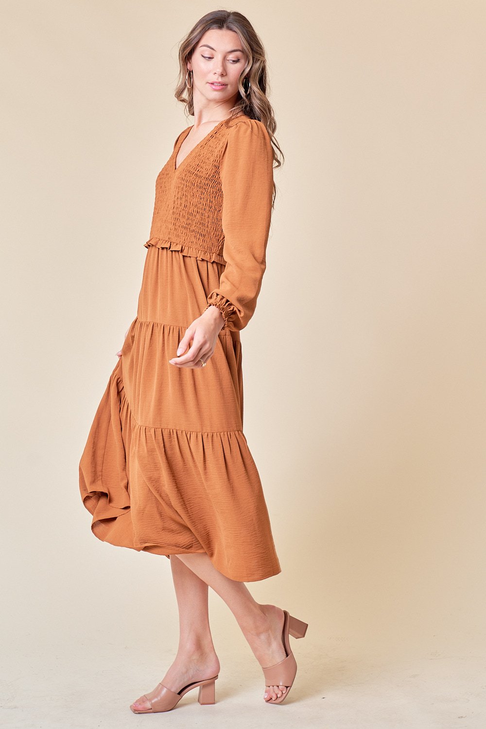 Cocktail Dresses Long Sleeve Tiered Midi Length Dress Copper
