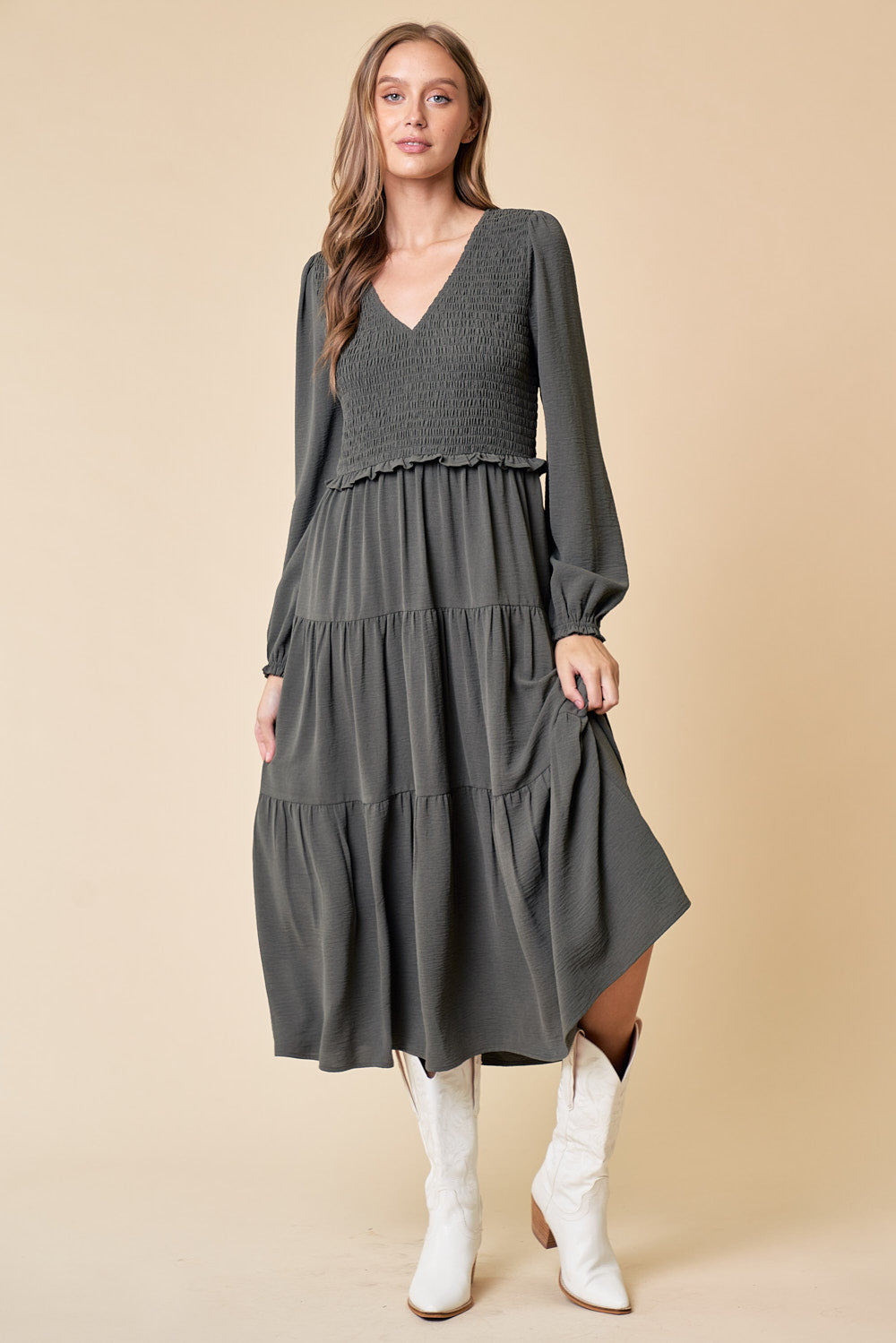 Cocktail Dresses Long Sleeve Tiered Midi Length Dress Olive