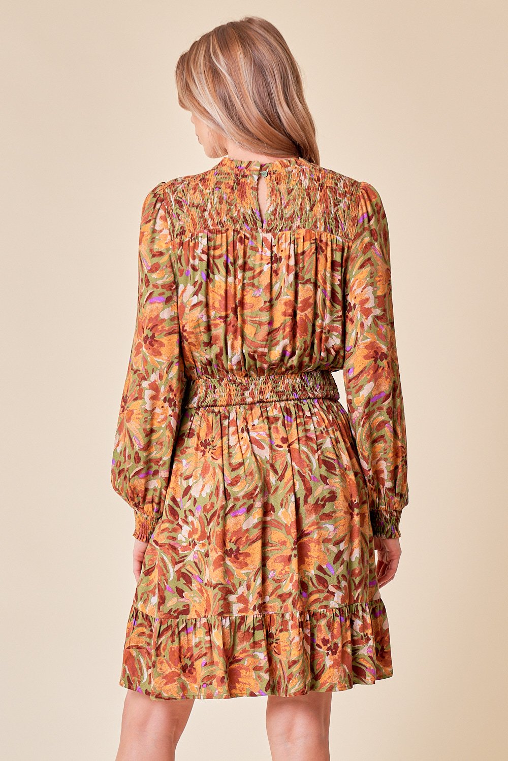Cocktail Dresses Long Sleeve Floral Frilled Neck Short Dress Moss