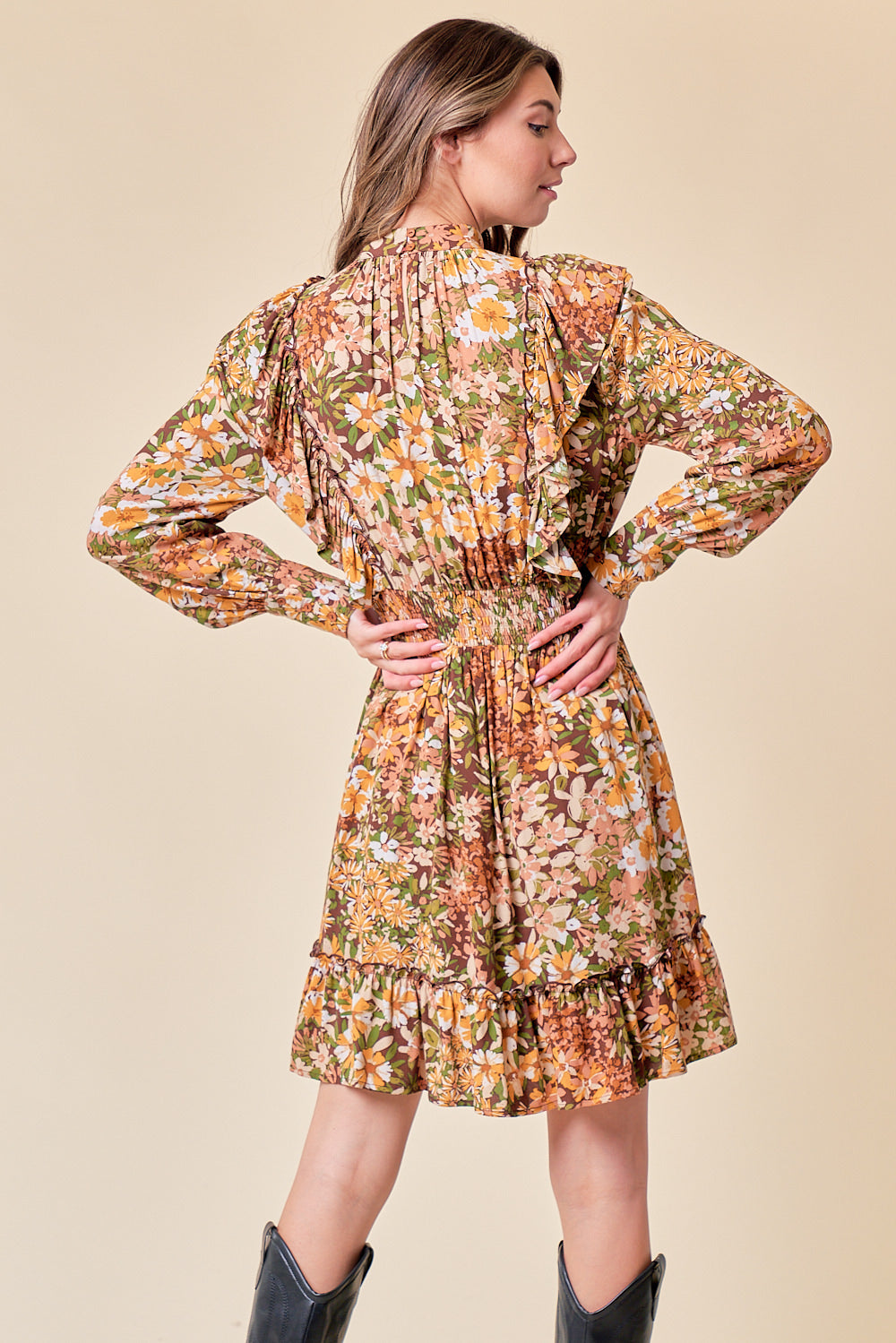 Cocktail Dresses Long Sleeve Ruffle Floral Short Dress Chocolate