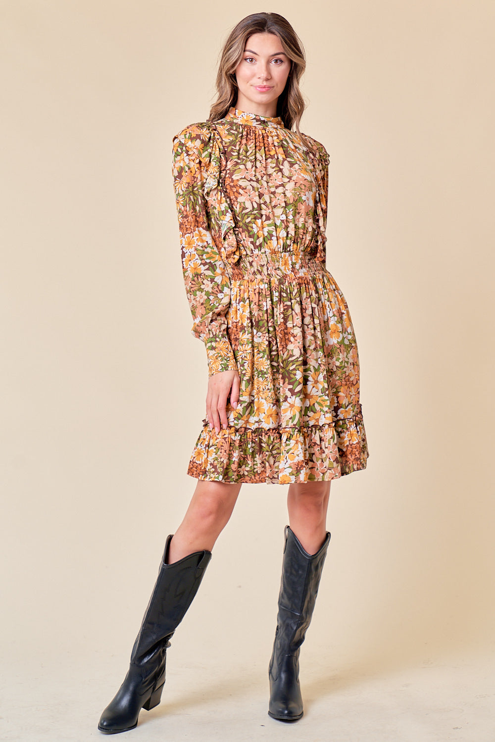 Cocktail Dresses Long Sleeve Ruffle Floral Short Dress Chocolate