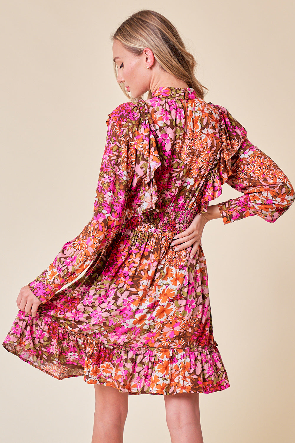 Cocktail Dresses Long Sleeve Ruffle Floral Short Dress Pink