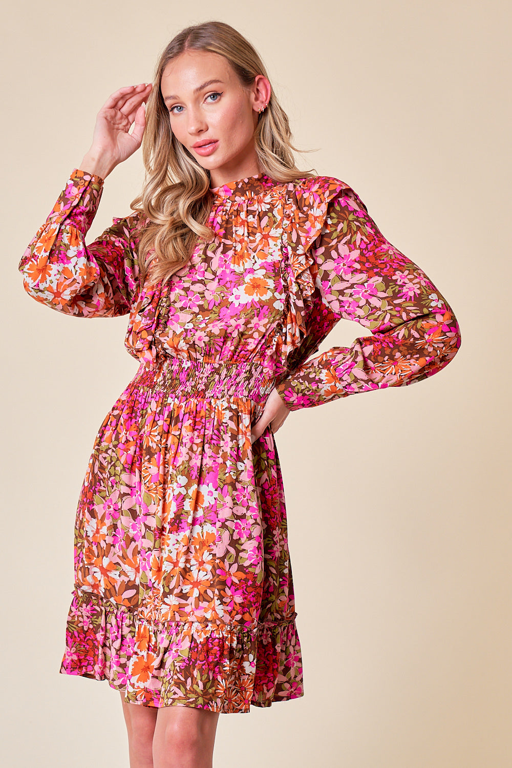 Cocktail Dresses Long Sleeve Ruffle Floral Short Dress Pink