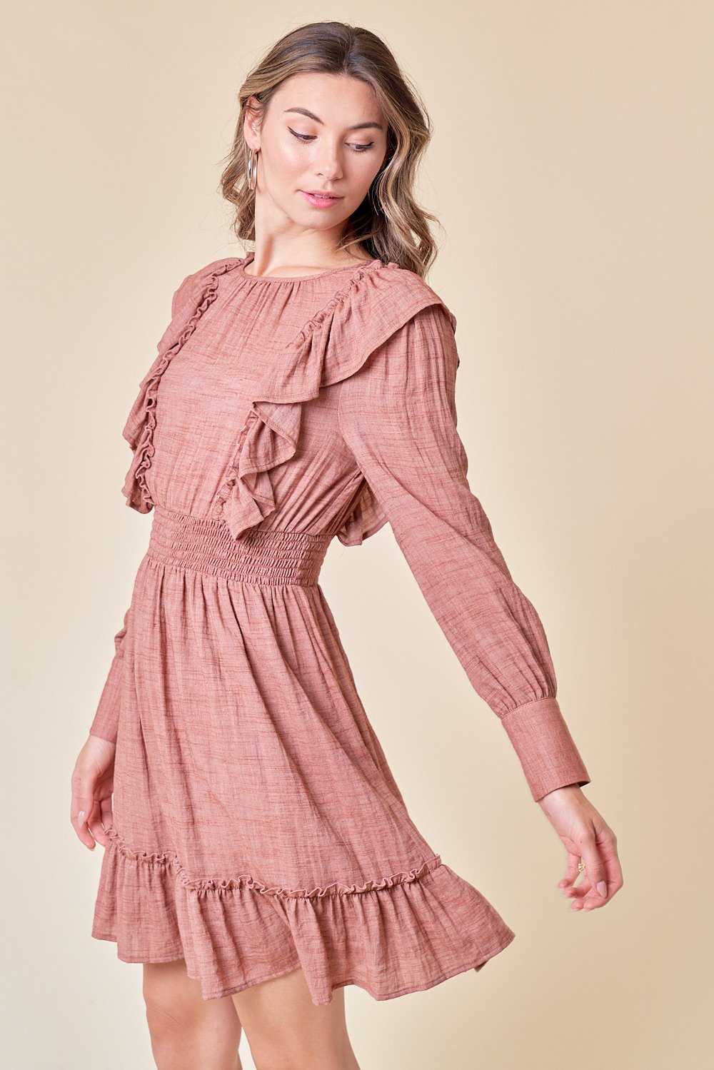Cocktail Dresses Long Sleeve Ruffle Short Dress Almond