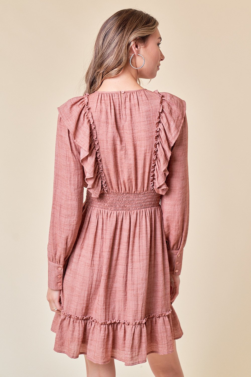 Cocktail Dresses Long Sleeve Ruffle Short Dress Almond
