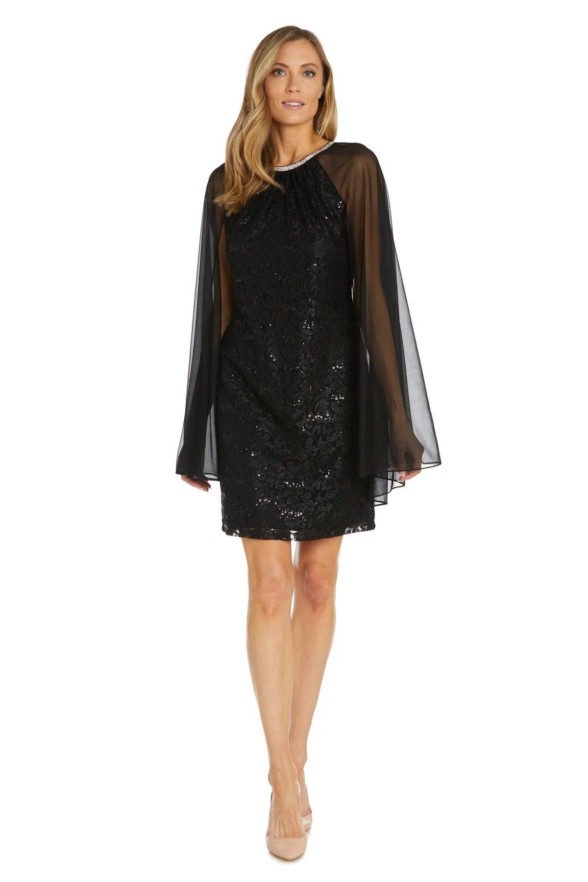 Black R&M Richards 2808 Short Glitter Lace Cape Cocktail Dress