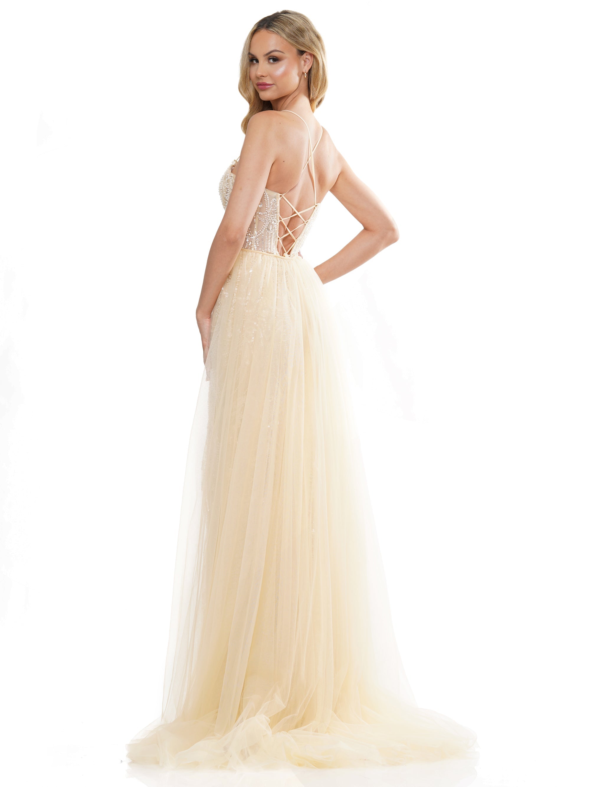 Prom Dresses Long Formal Beaded mesh Overskirt Prom Dress Champagne