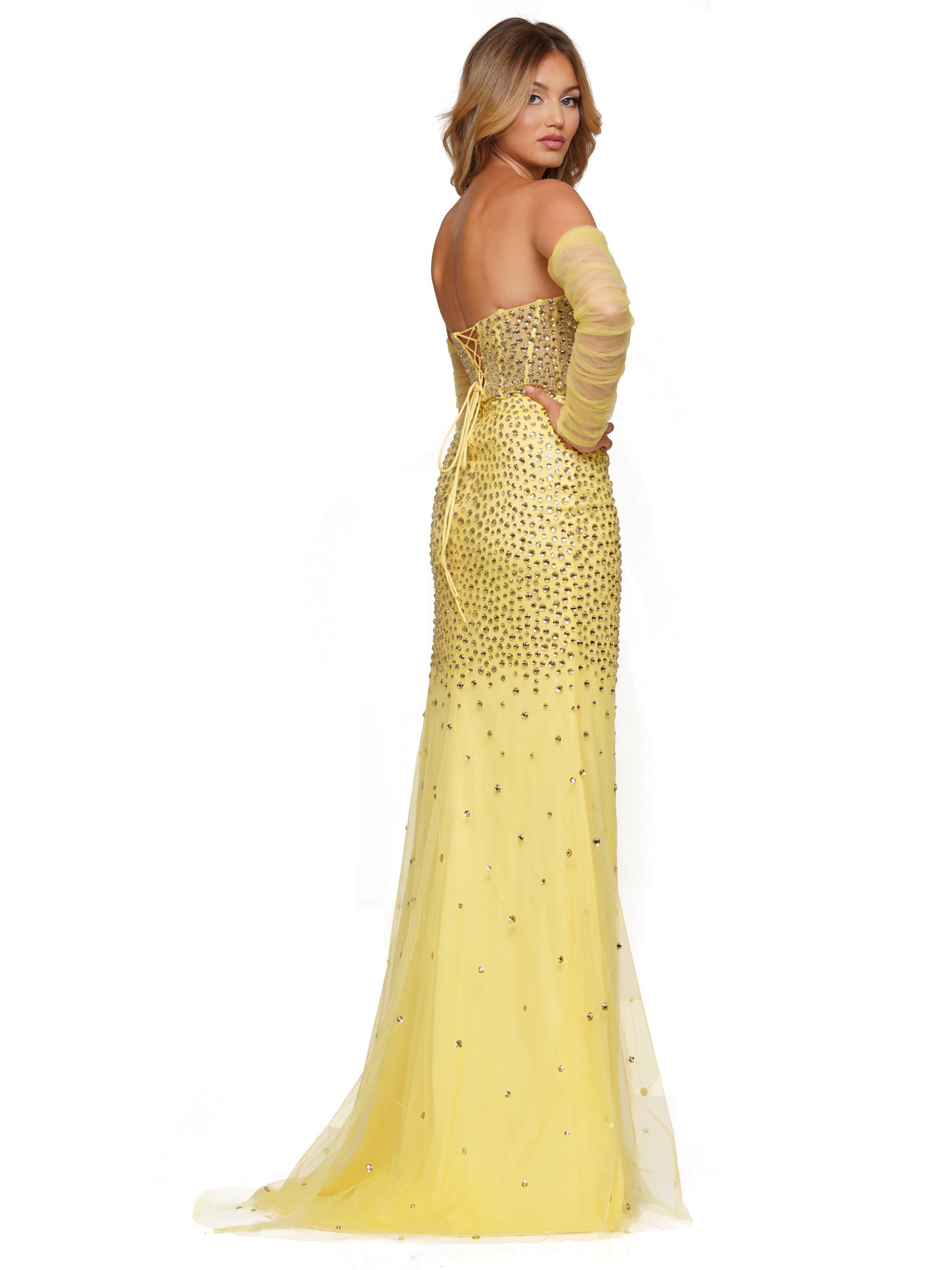 Prom Dresses Long Strapless Beaded Mesh Overskirt Prom Dress Yellow