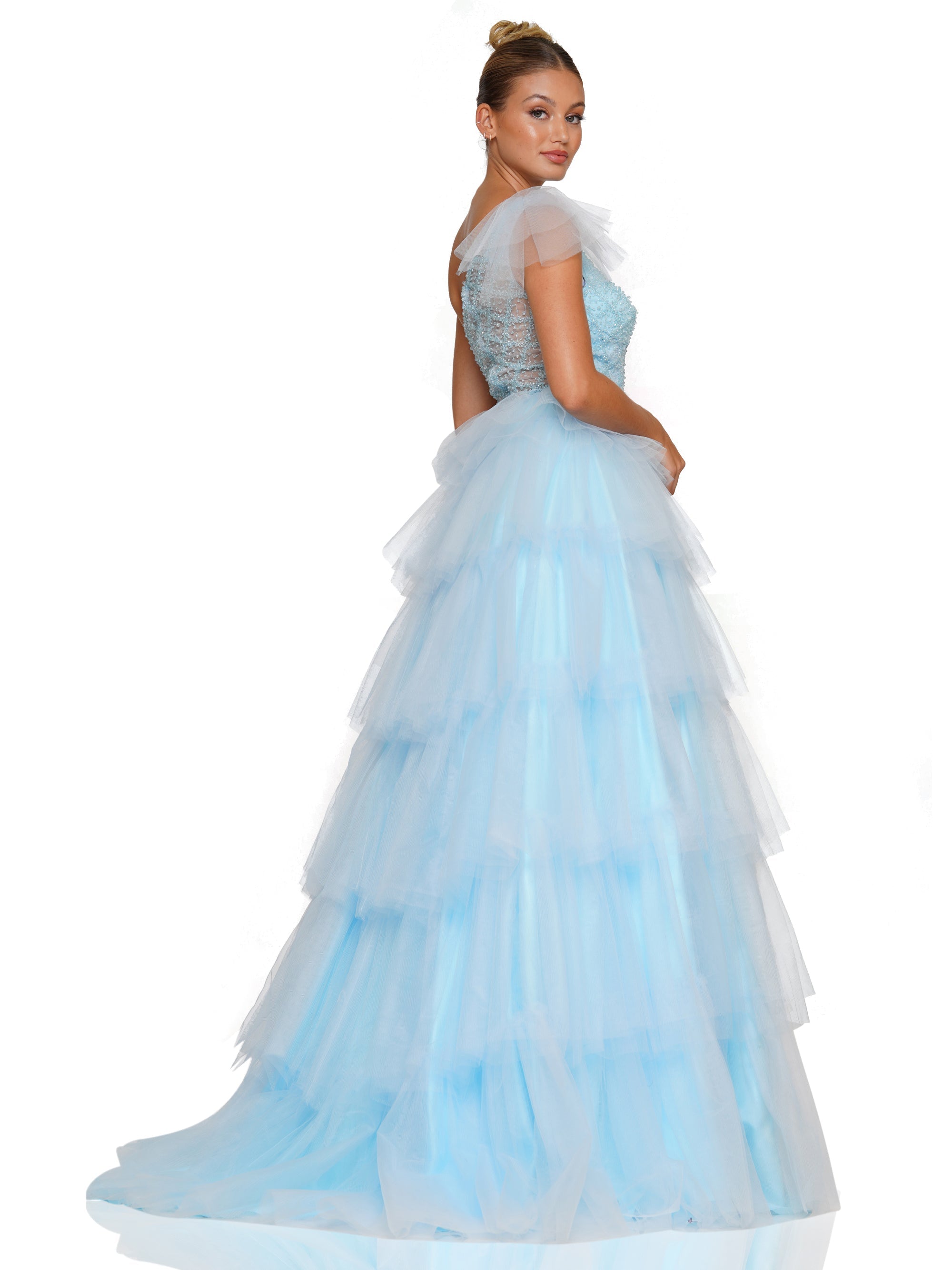 Prom Dresses Prom Long One Shoulder Beaded Mesh Ball Gown Light Blue