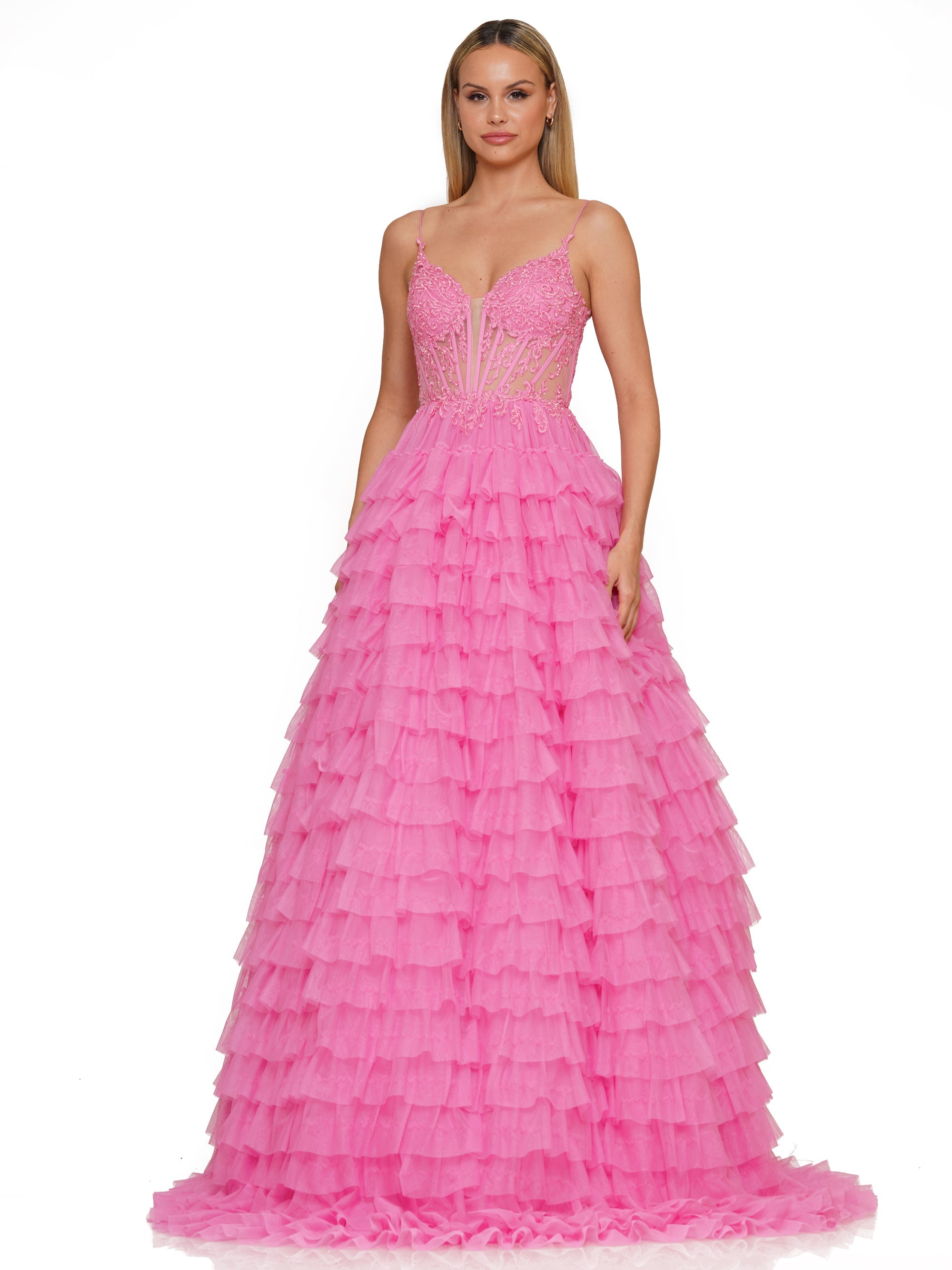 Prom Dresses Prom Long Spaghetti Strap Beaded mesh ball Gown Pink