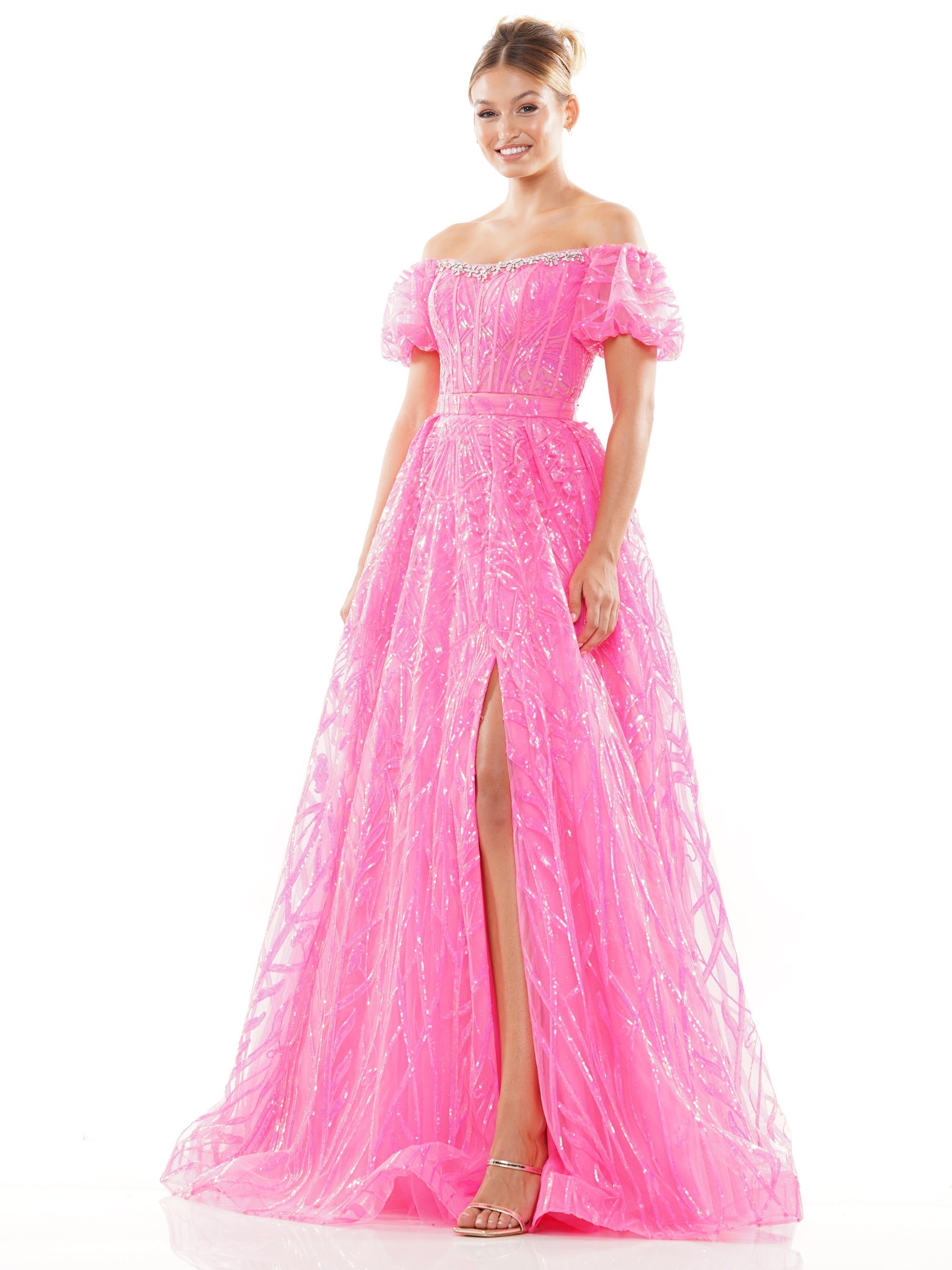Prom Dresses Prom Long Off Shoulder Glitter Mesh Ball Gown Hot Pink
