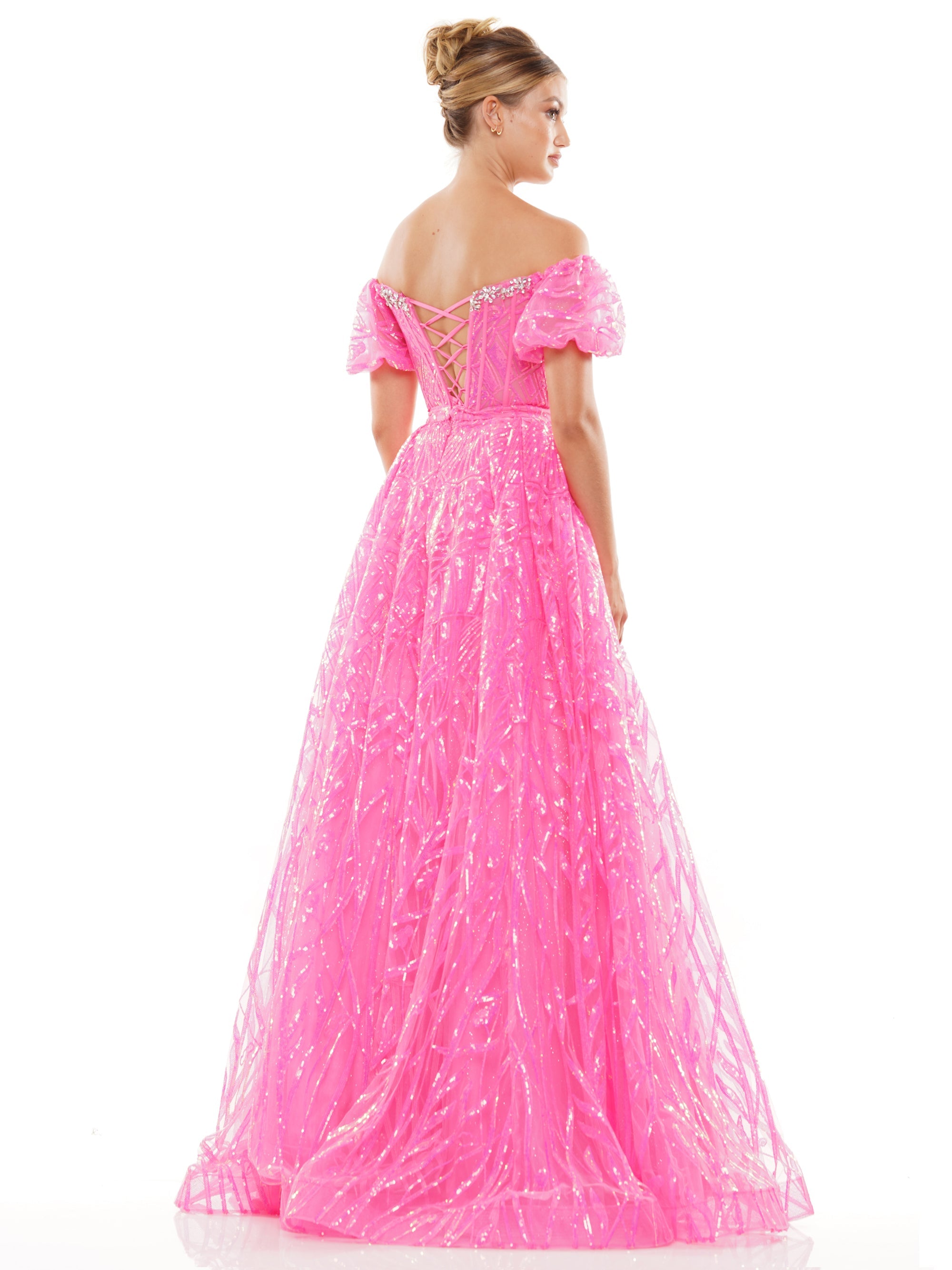 Prom Dresses Prom Long Off Shoulder Glitter Mesh Ball Gown Hot Pink