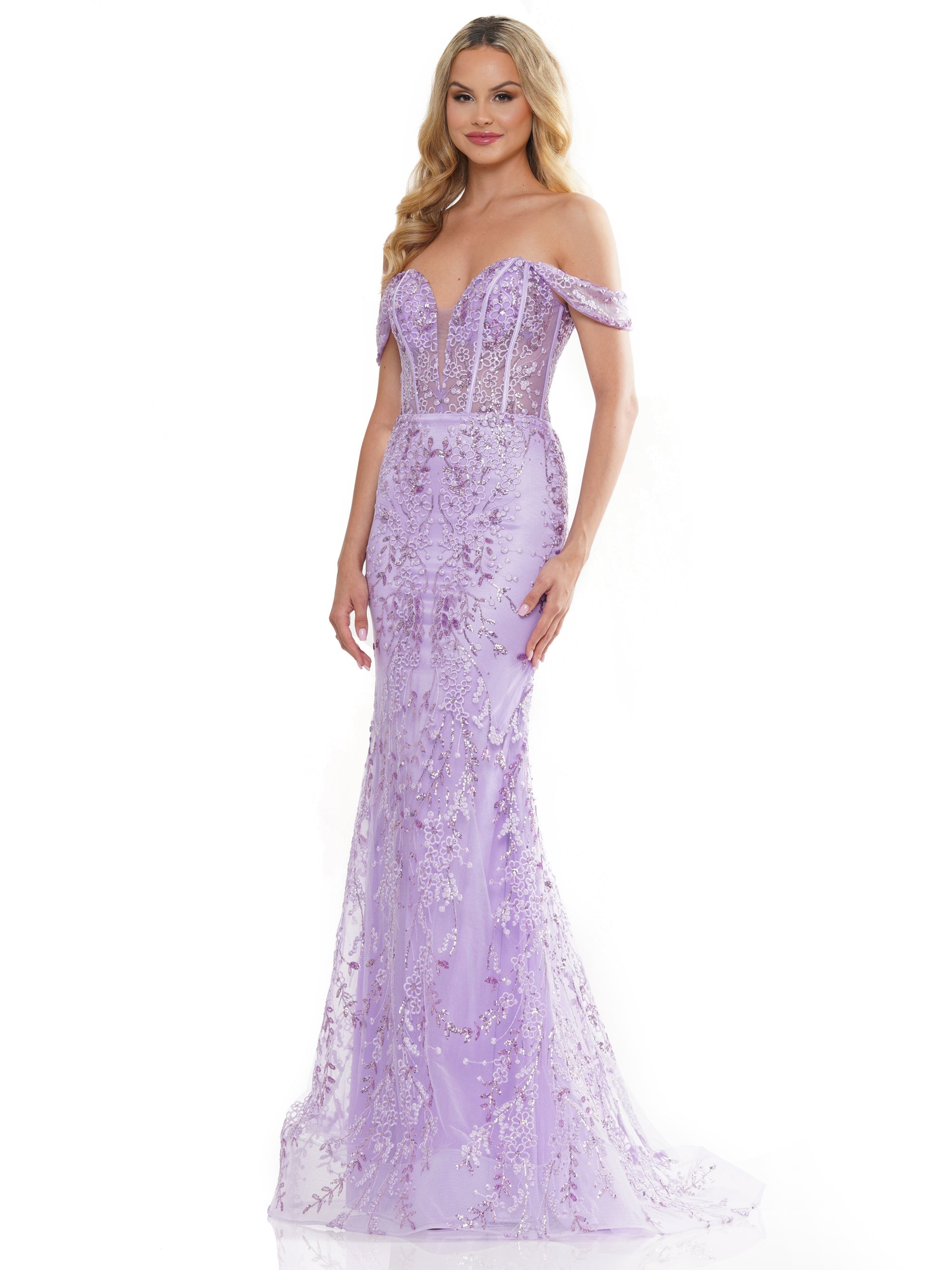 Prom Dresses Long Off Shoulder Glitter Mesh Prom Dress Lilac