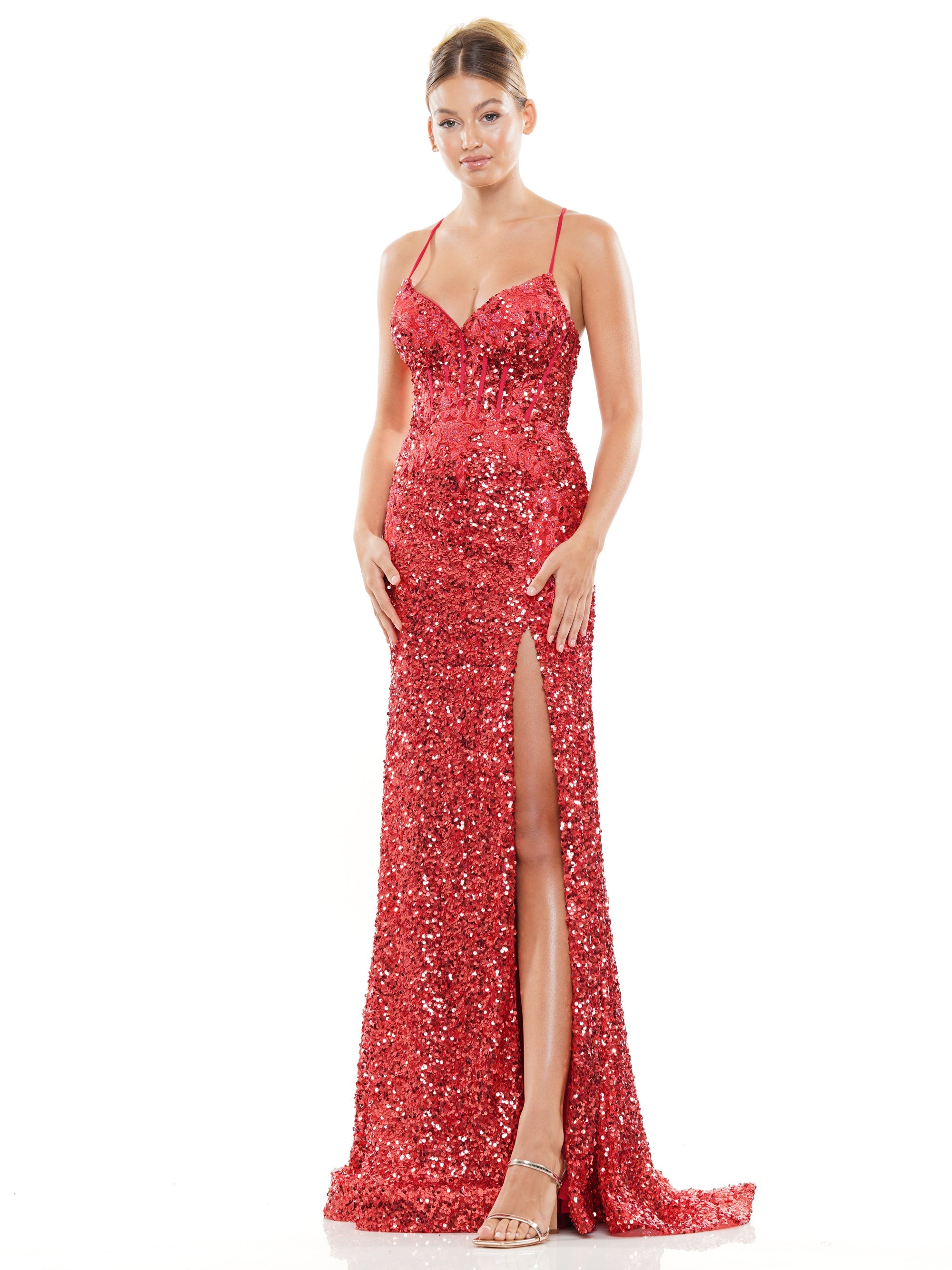 Red Colors 3299 Long Sequin Corset Bodice Front Slit Prom Dress