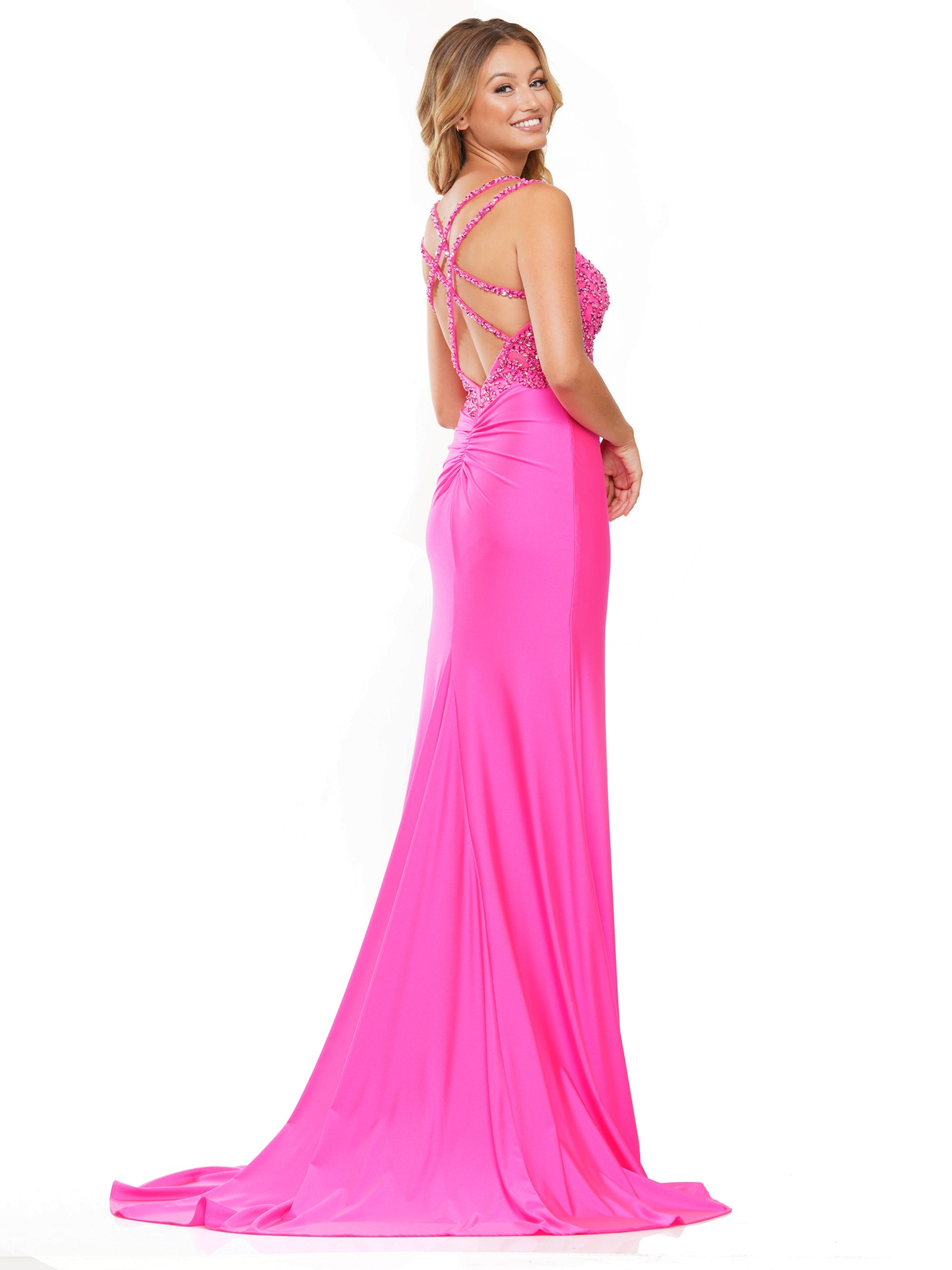 Prom Dresses Long Beaded Mesh Front Slit Cross Back Satin Prom Dress Hot Pink