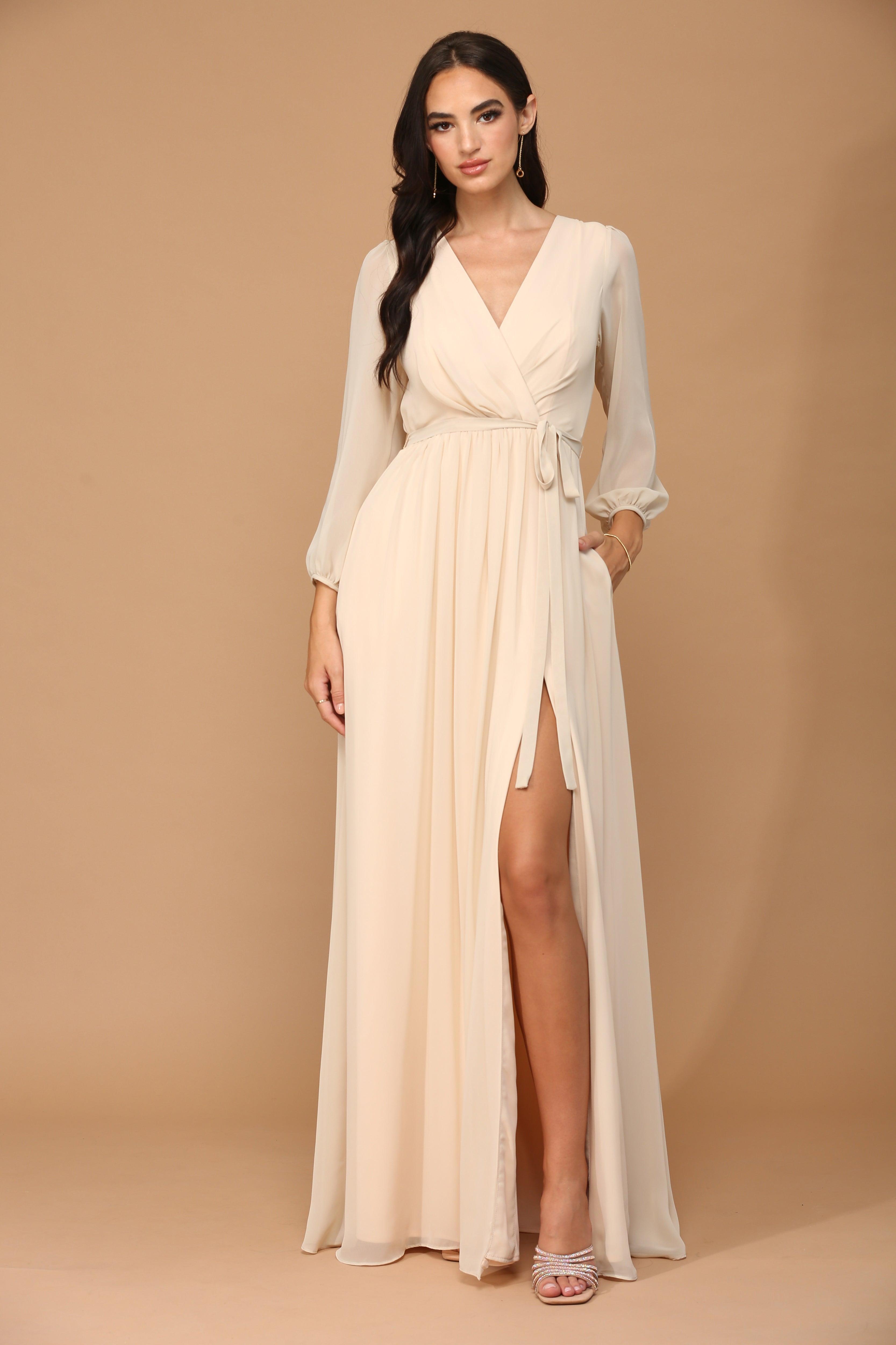 Long Sleeve Formal A Line Dress Champagne