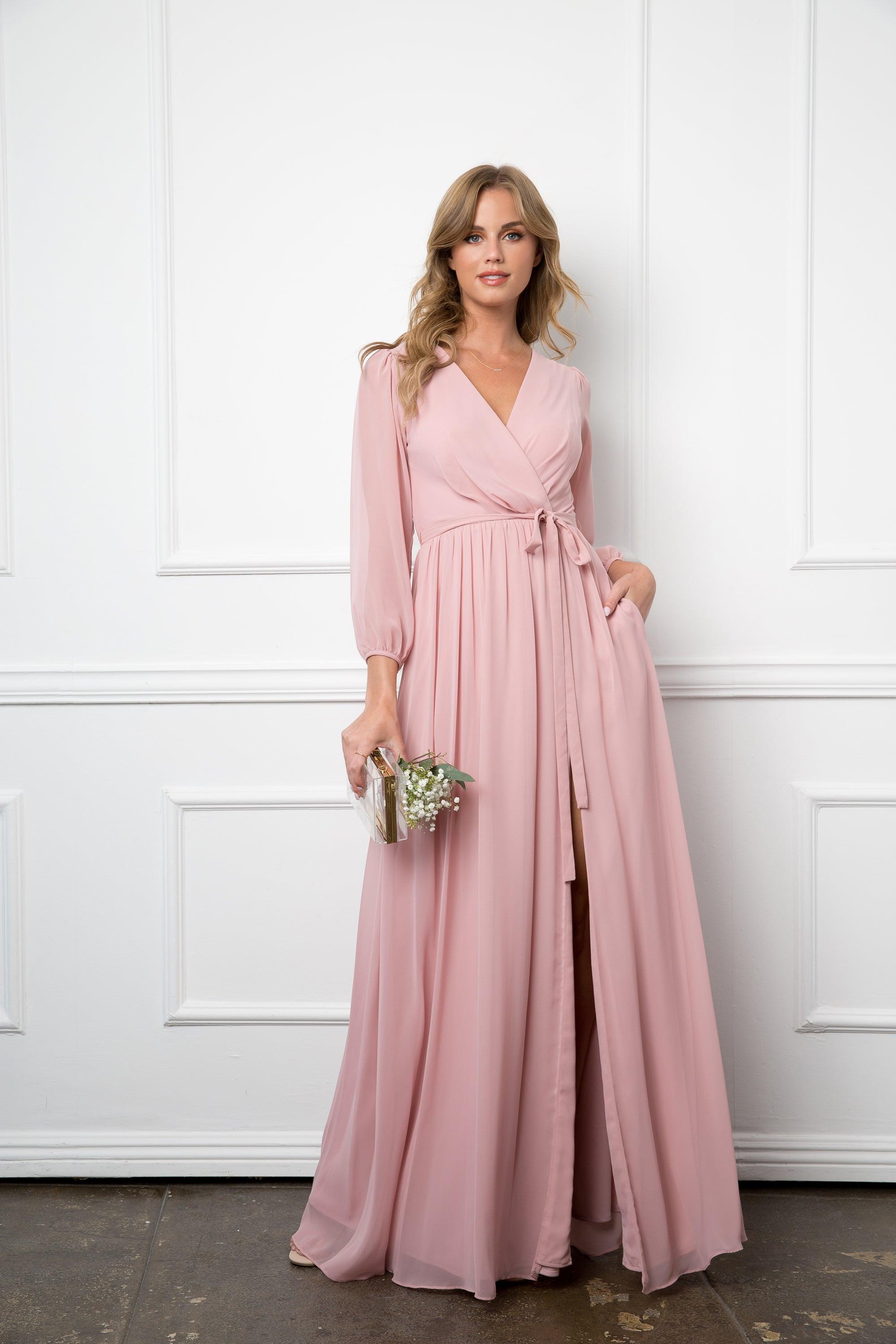 Long Sleeve Formal A Line Dress Dusty Rose