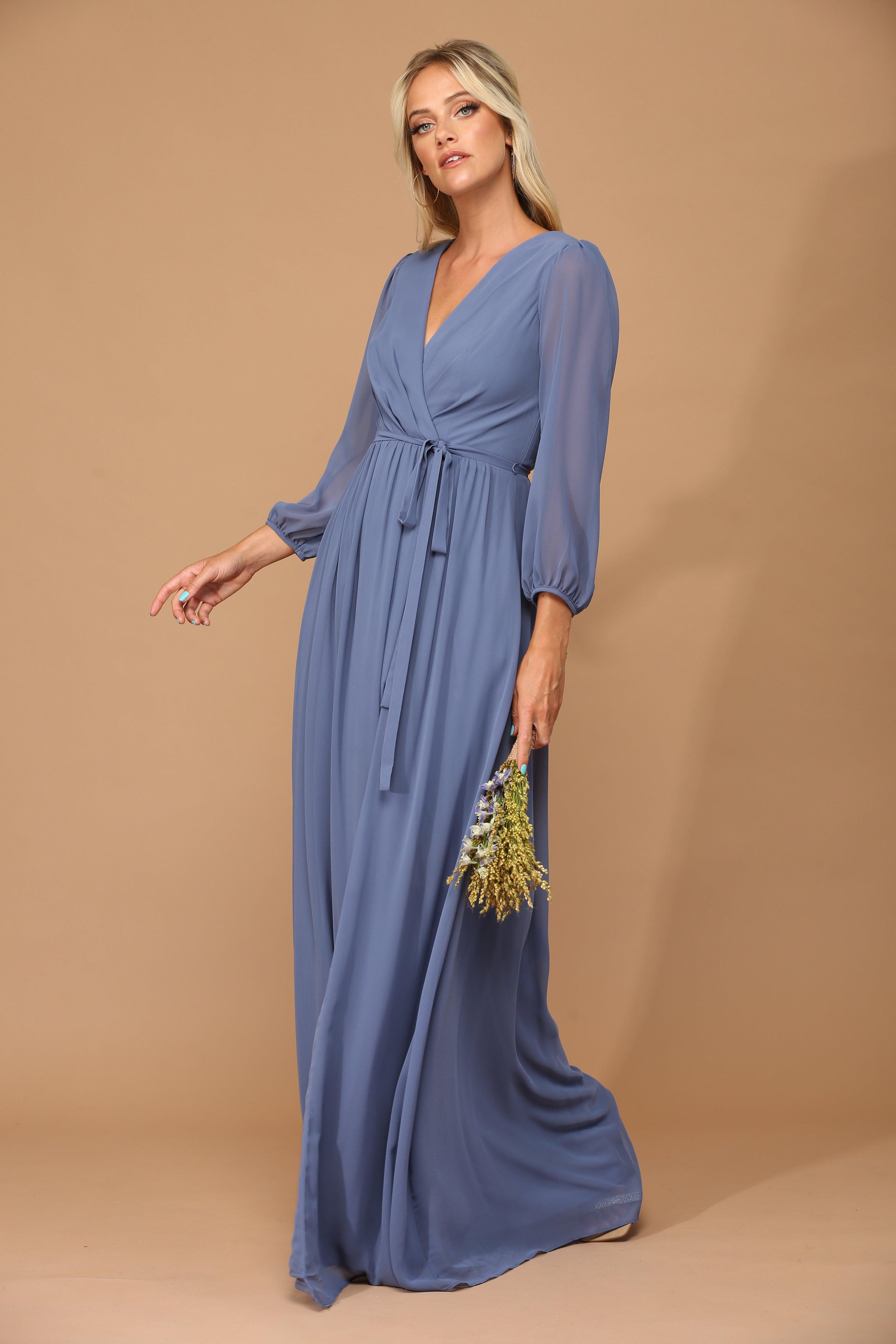 Slate Blue Long Sleeve Mother of the Bride Chiffon Dress for 135.99 The Dress Outlet