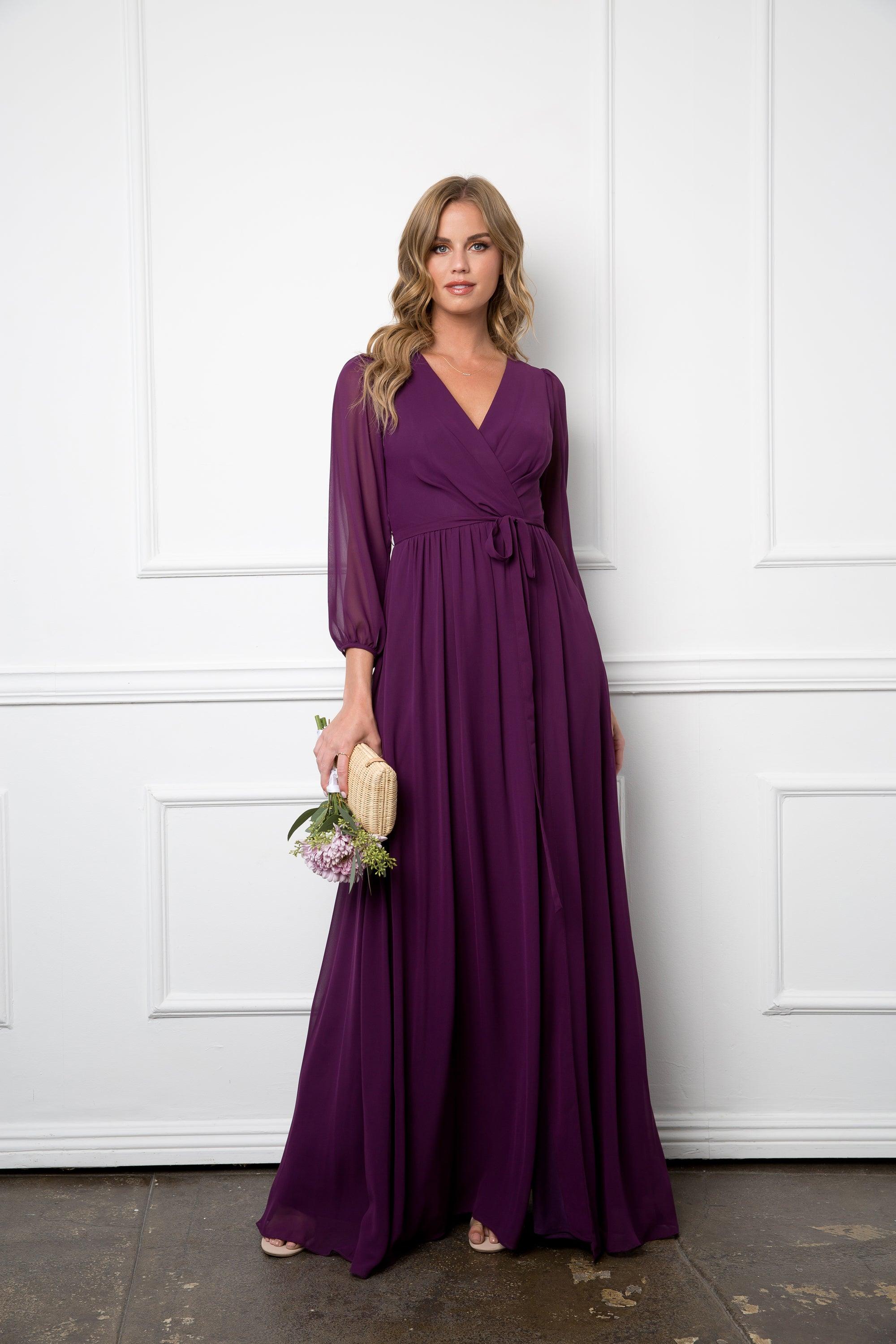 Long Sleeve Formal A Line Dress Plum