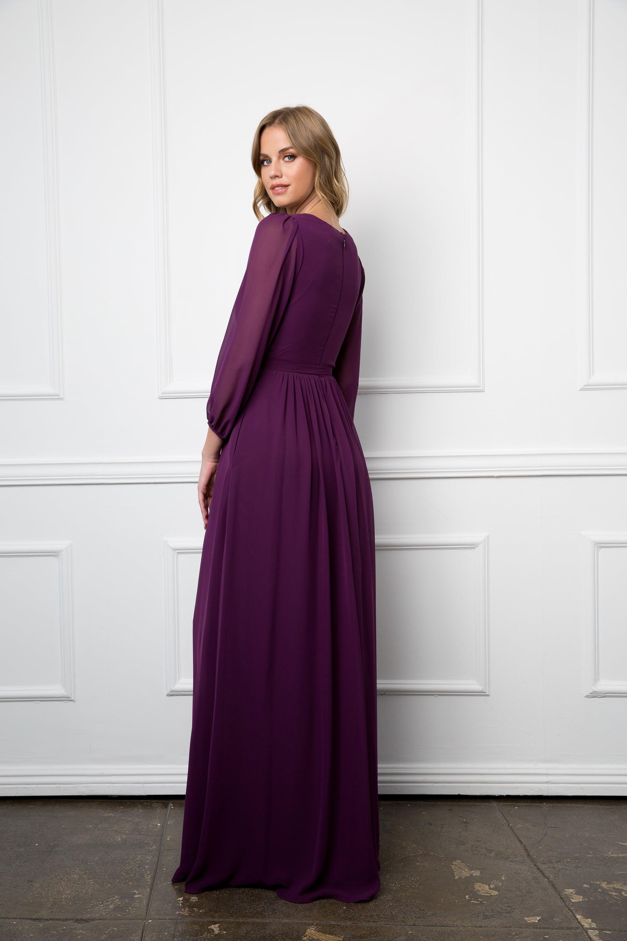 Long Sleeve Formal A Line Dress Plum