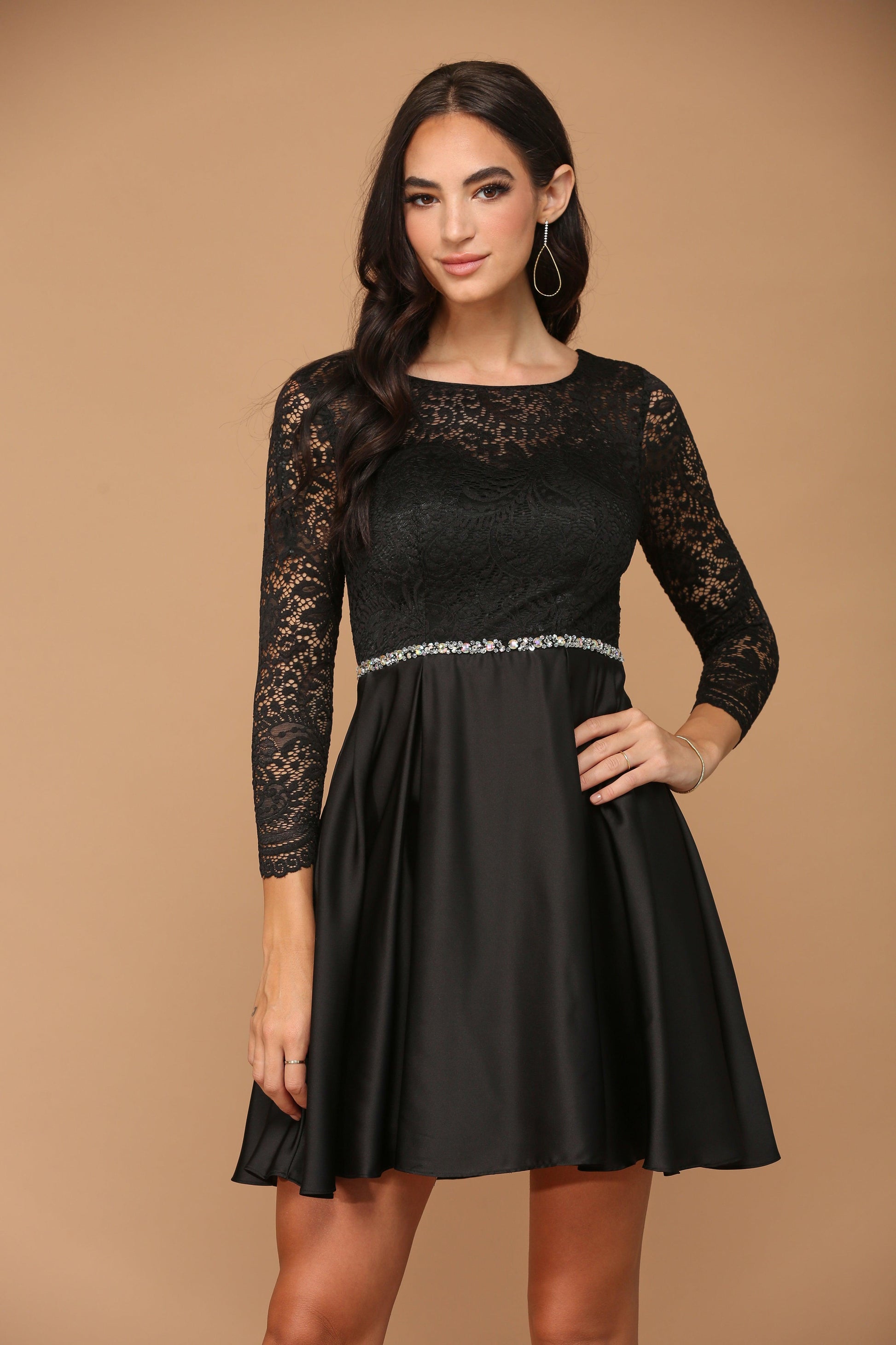 Long Sleeve Beaded Cocktail Graduation Dress