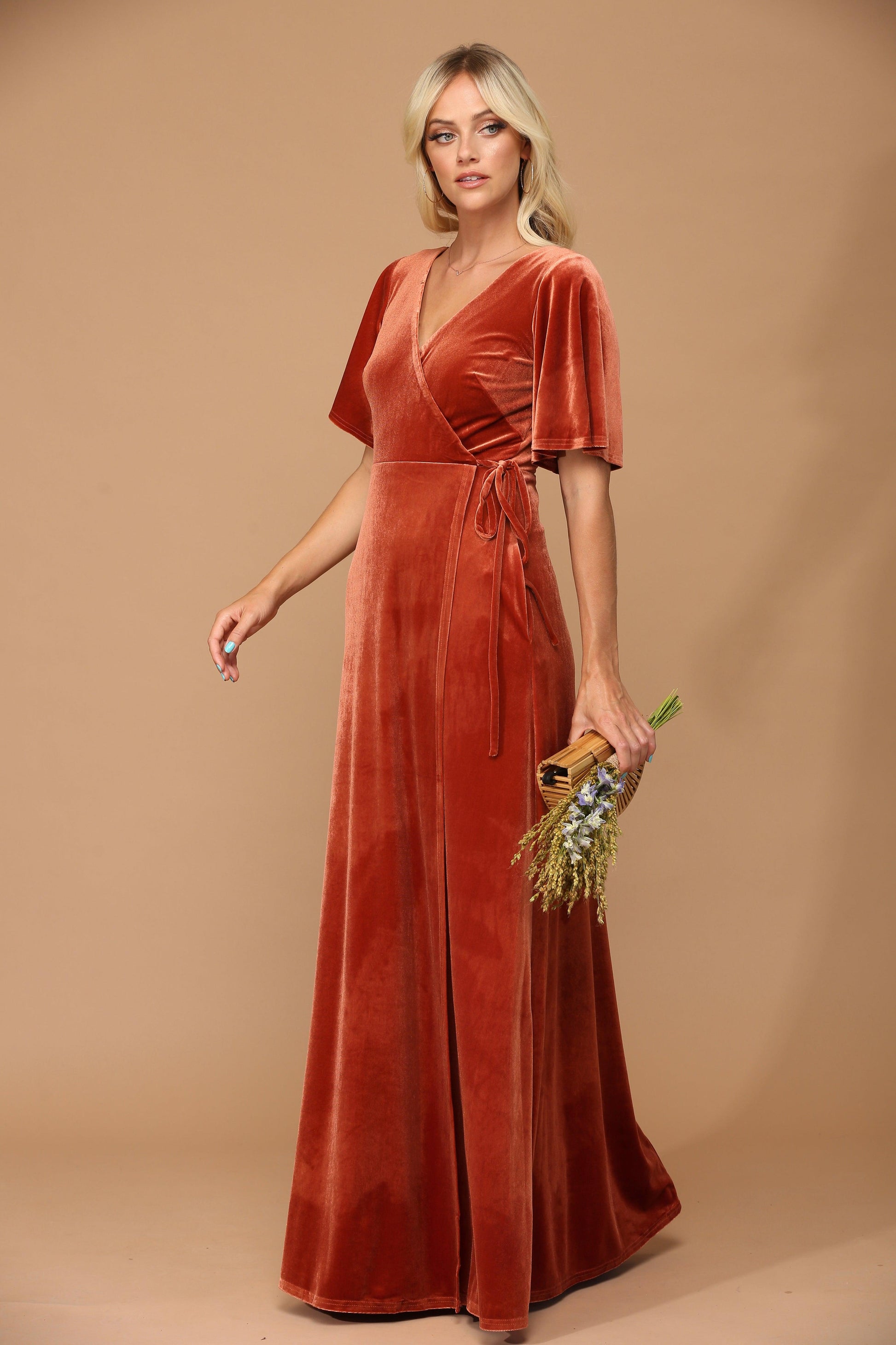 Mother of the Bride Long Flutter Sleeve Velvet Gown