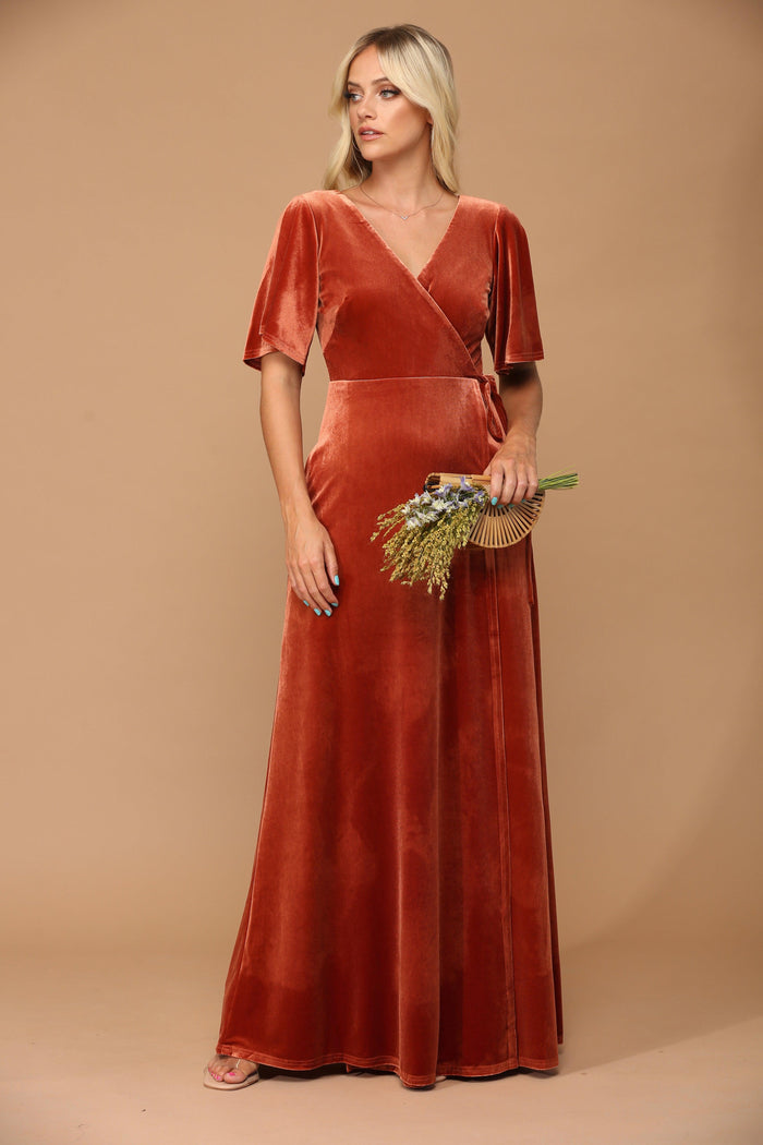Mother of the Bride Long Flutter Sleeve Velvet Gown