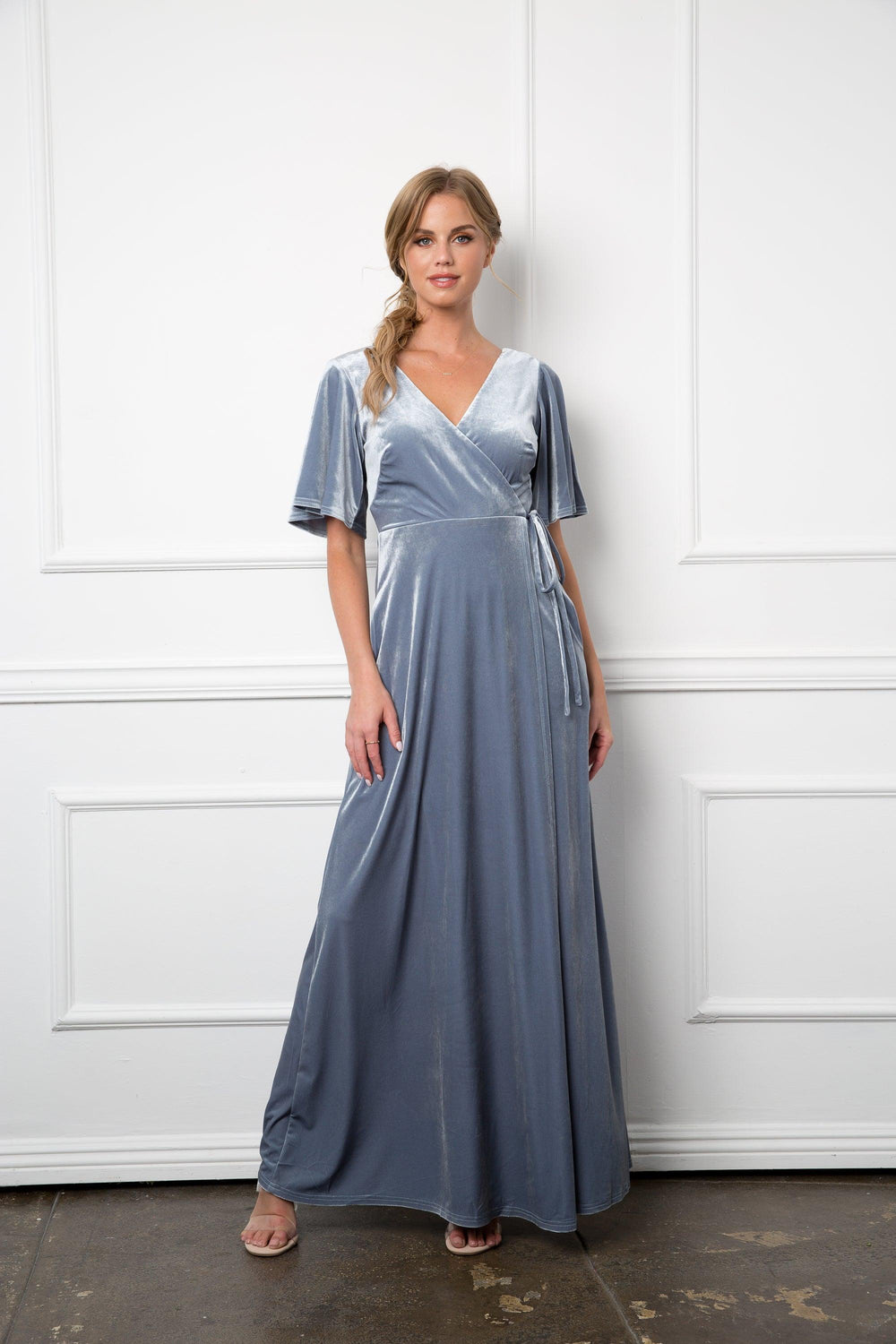 Mother of the Bride Long Flutter Sleeve Velvet Gown