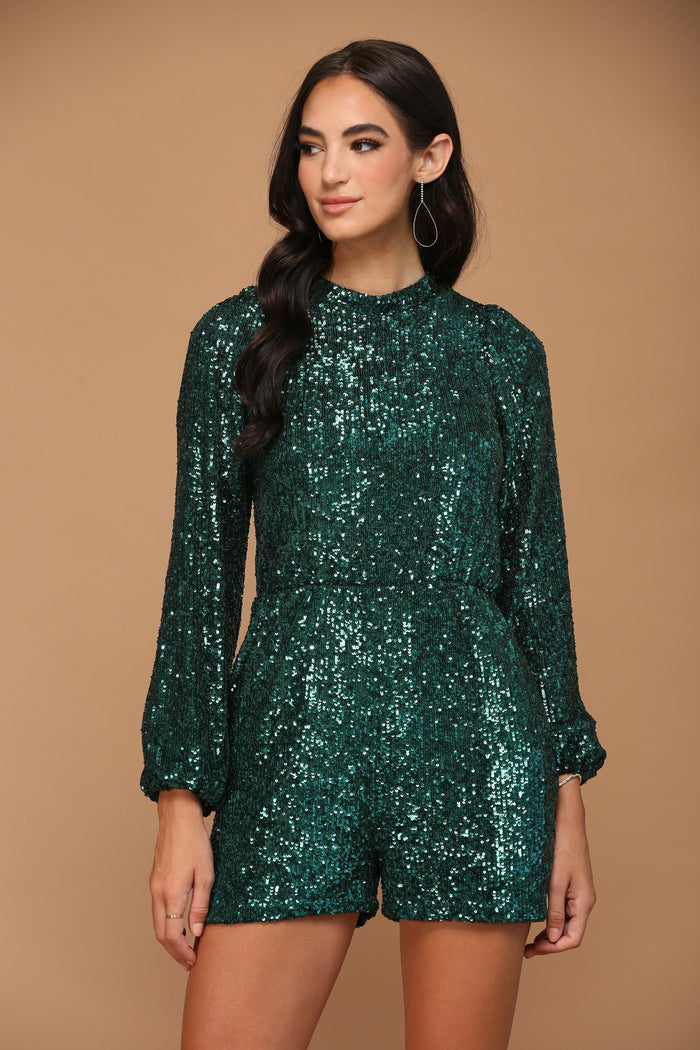Long Sleeve Sequins Short Cocktail Jumpsuit