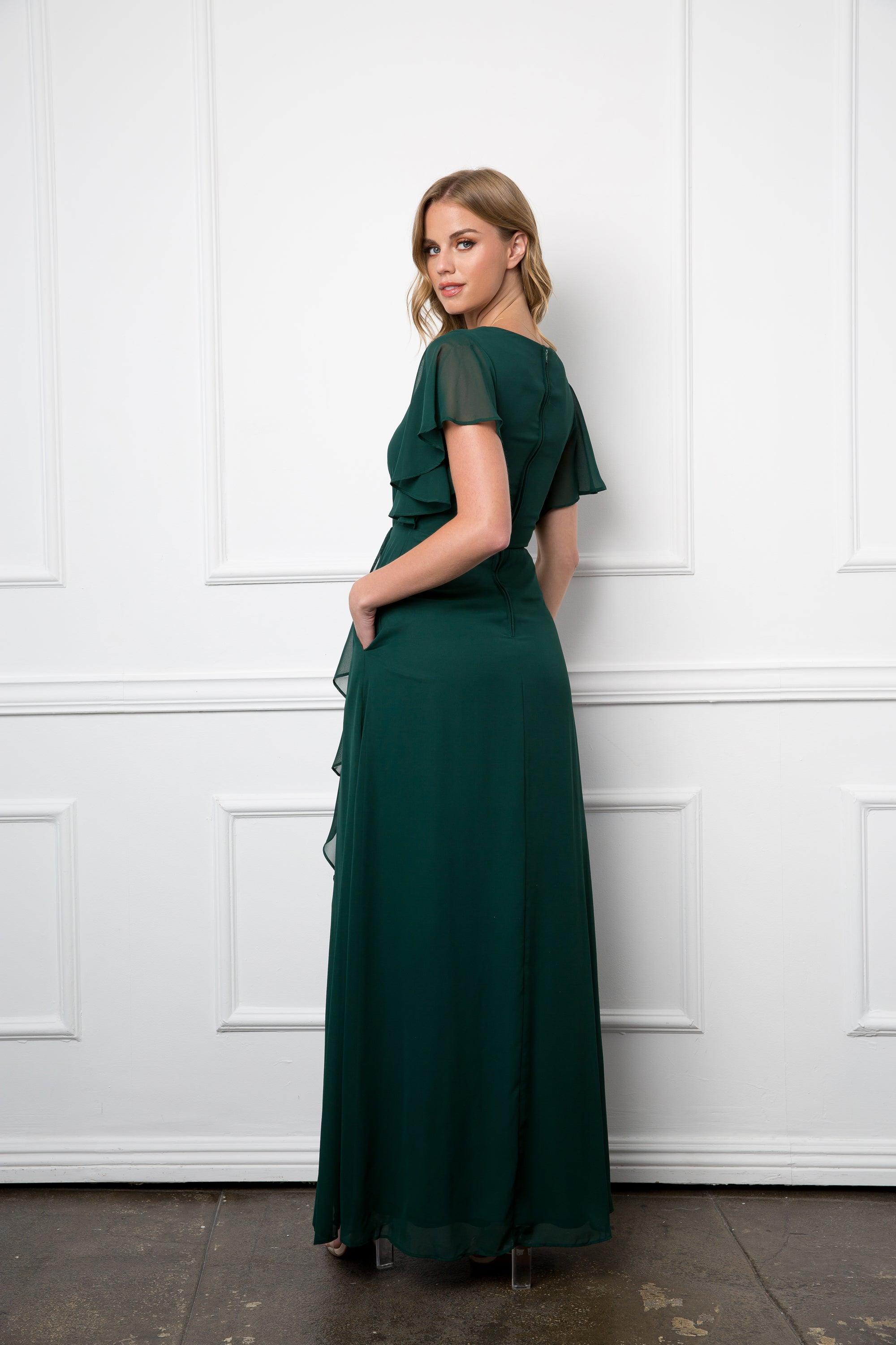 Long Formal Ruffle Sleeve Chiffon Evening Dress