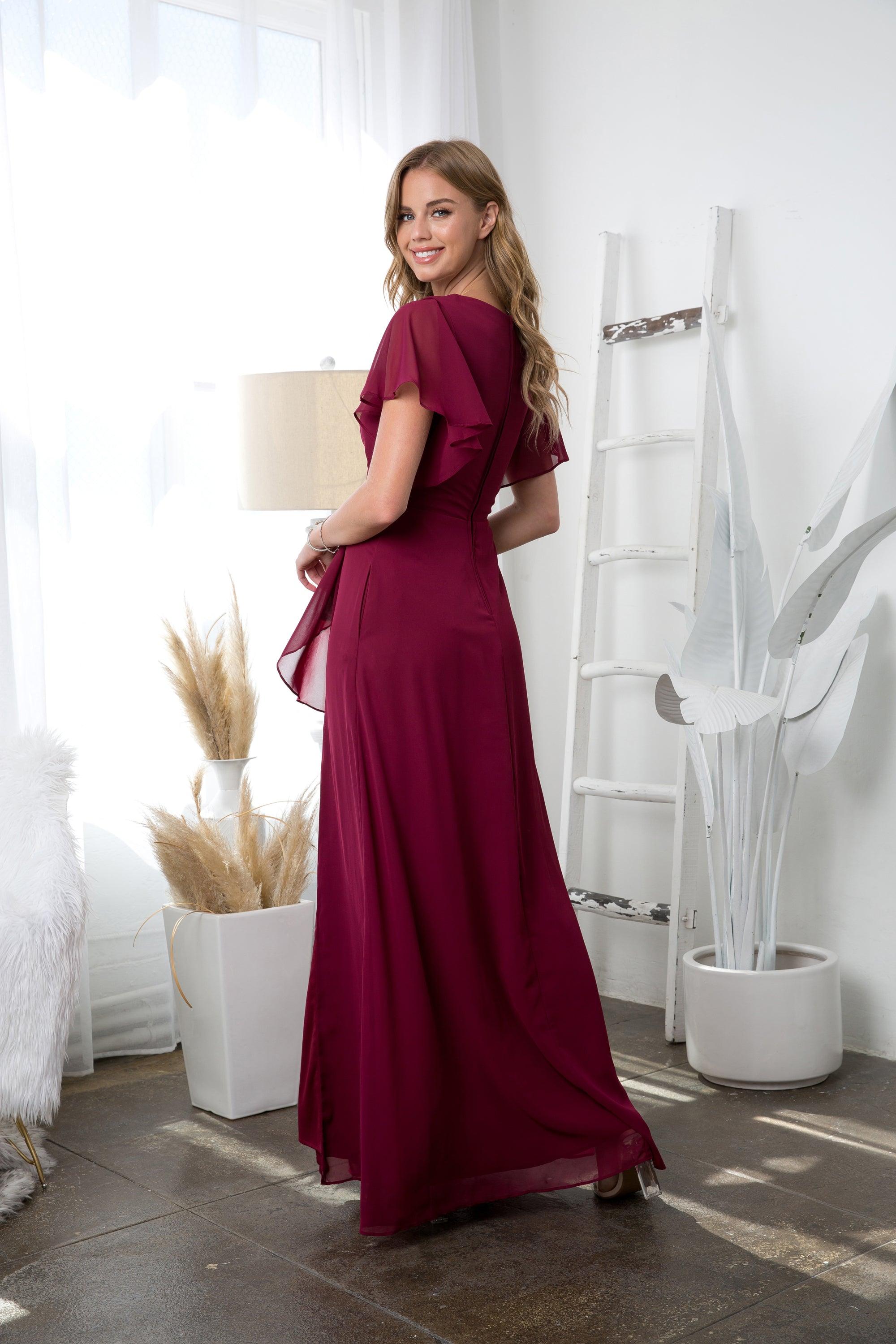 Long Formal Ruffle Sleeve Chiffon Evening Dress