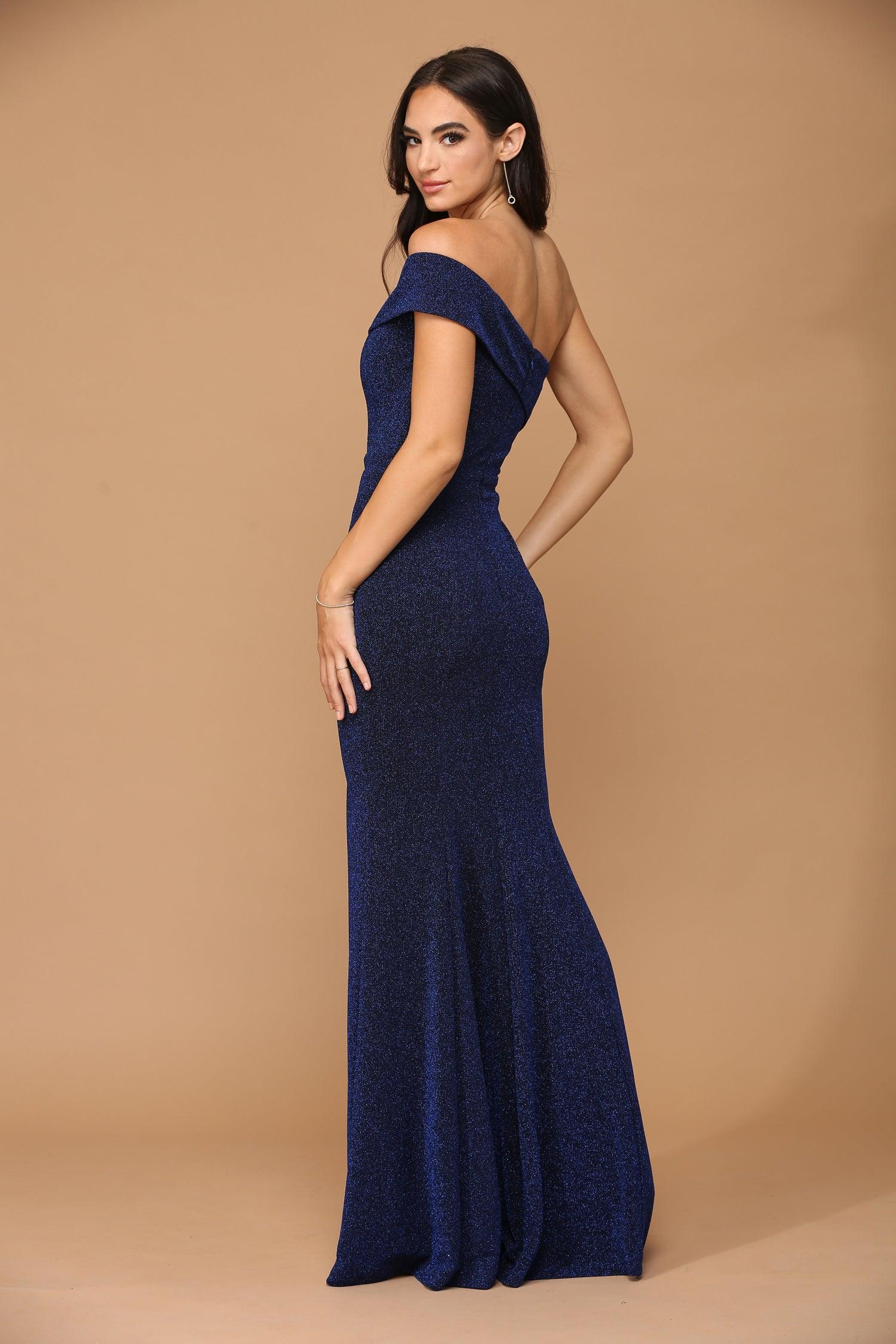 Long One Shoulder Formal Metallic Prom Dress Navy