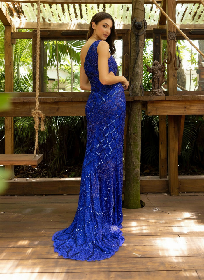 Prom Dresses Long Fitted Prom Sequin Fishscale Pattern Formal Dress Royal Blue